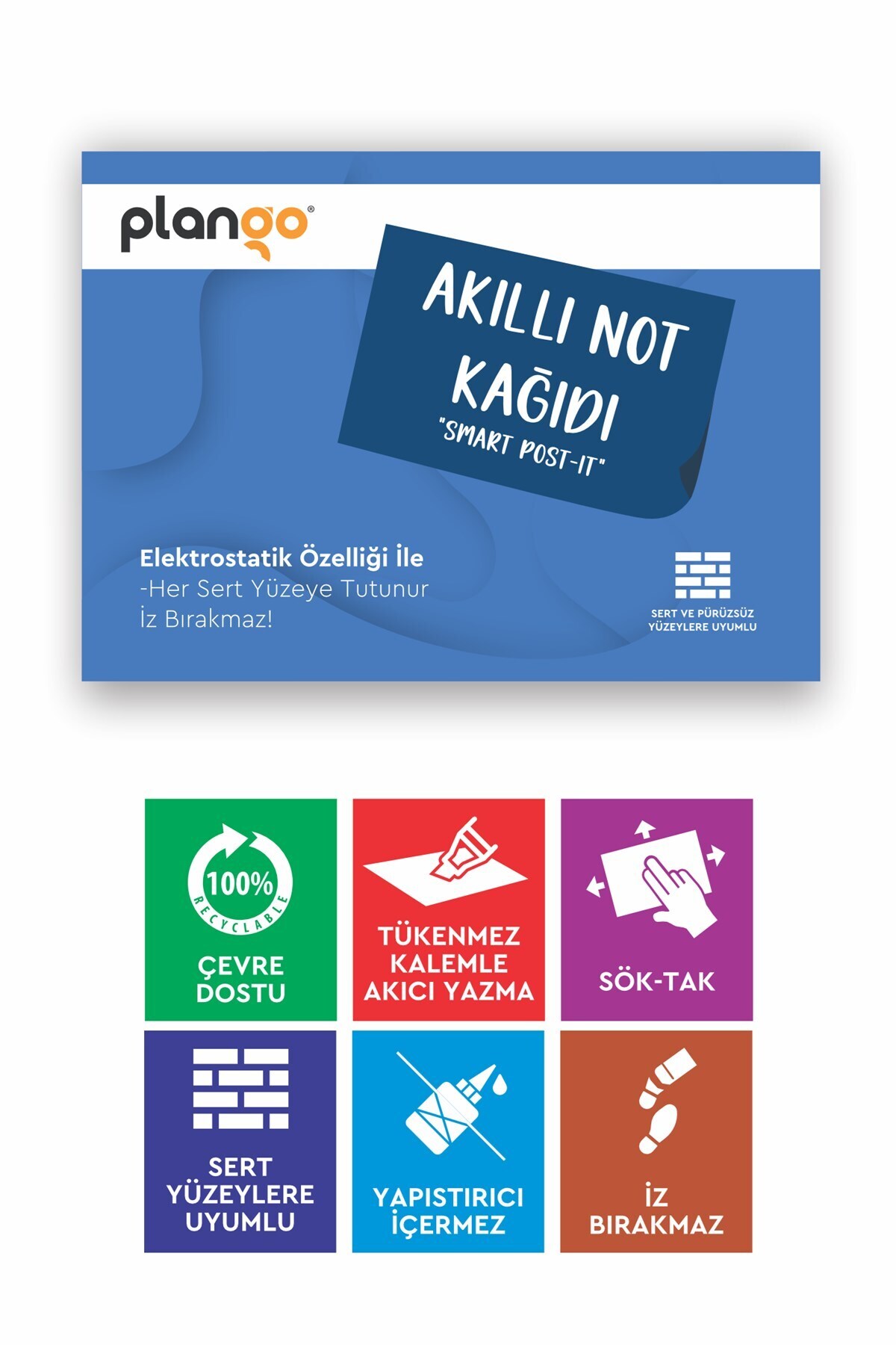 Plango MAVİ - Elektrostatik Akıllı Not Kağıdı Yapışkansız Post-it 7x10cm - 50 Sayfa -