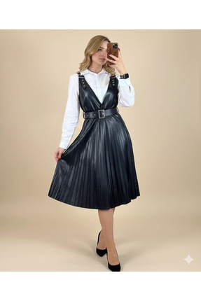 MİSSBLUE • İkili Takım: Suni Deri Jile Elbise ve Beyaz Gömlek Kombini •