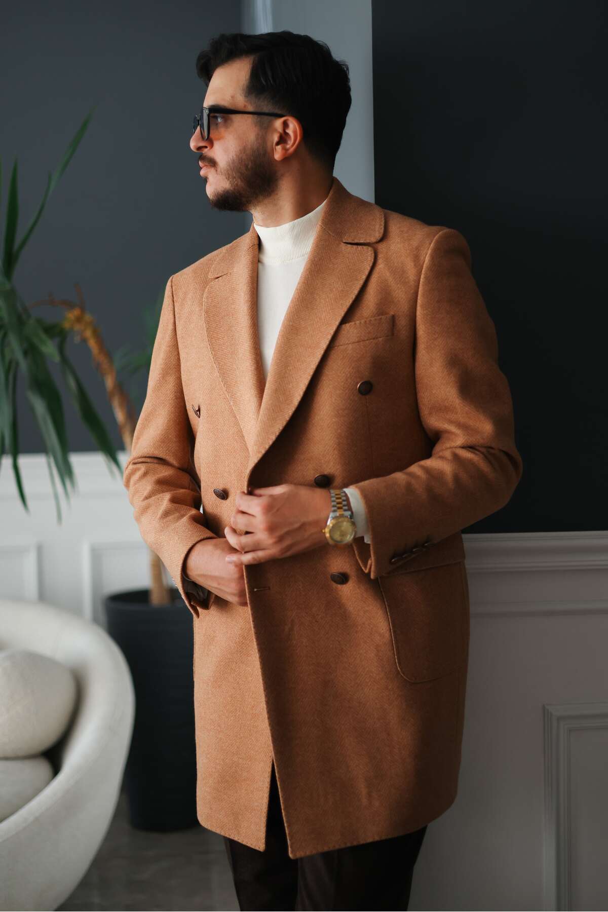 Avni Ceylan  Premium Orange Slim Fit Erkek Kaşe Kaban - Görsel 6