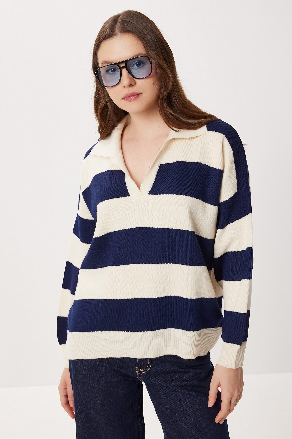 Lovelyİstanbul Oversize Çizgili Triko Kazak LMC0076 KEMİK LACİVERT görsel 2