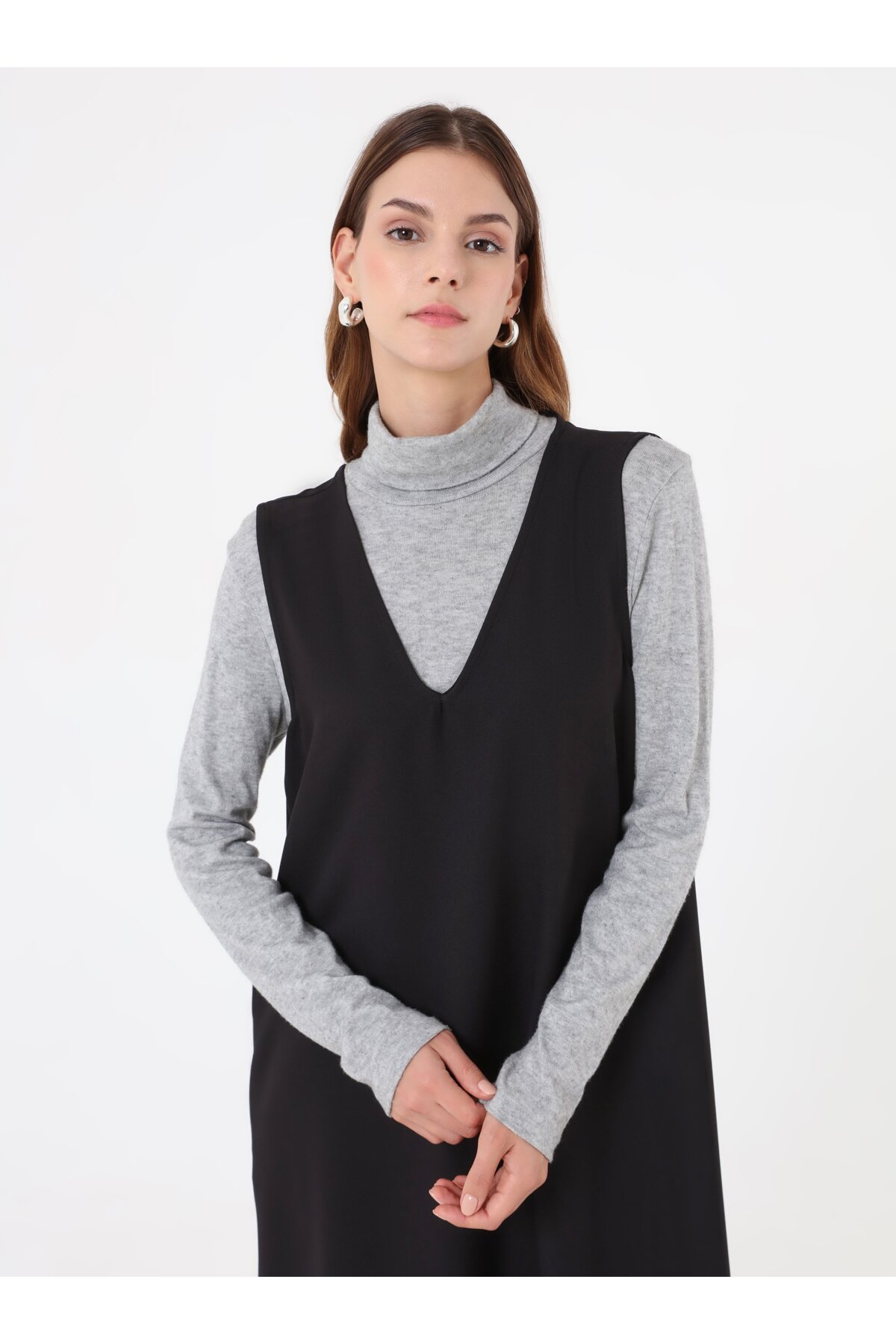 Refka  Kalın Askılı Cep Detaylı Tesettür Elbise - Siyah - - Görsel 3