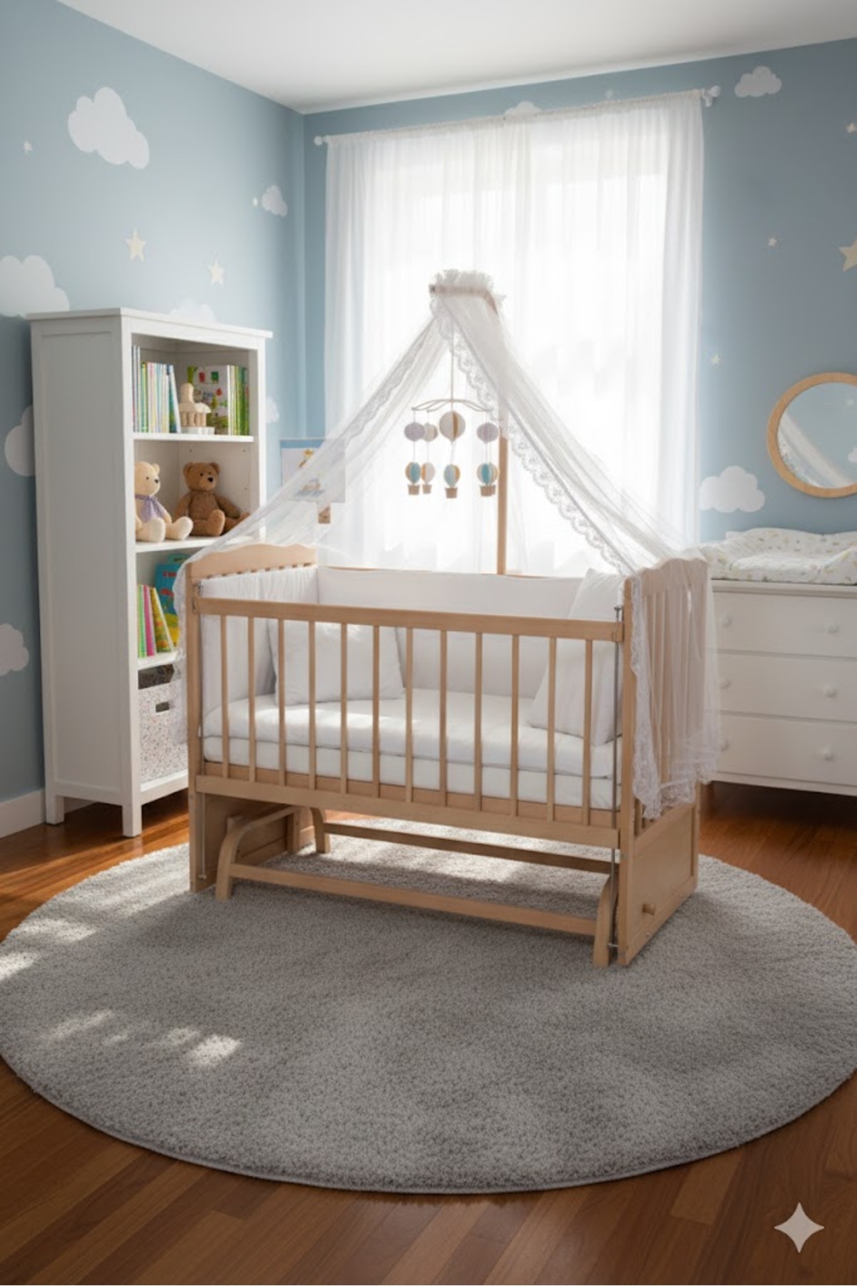 Carino Wins Sallanır Anne Yanı Ahşap Beşik 60x120 Organik Kayın&Gürgen– Beyaz Güpür Uyku Seti + Yatak Dahil