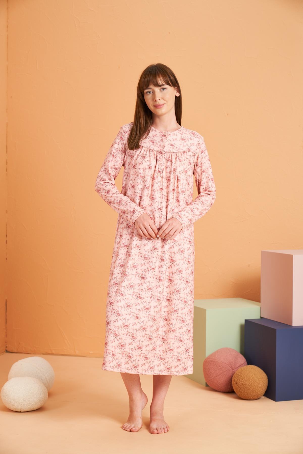 Pjs Pijama Çiçekli Kadın Gecelik - Diz Altı Yuvarlak Yaka