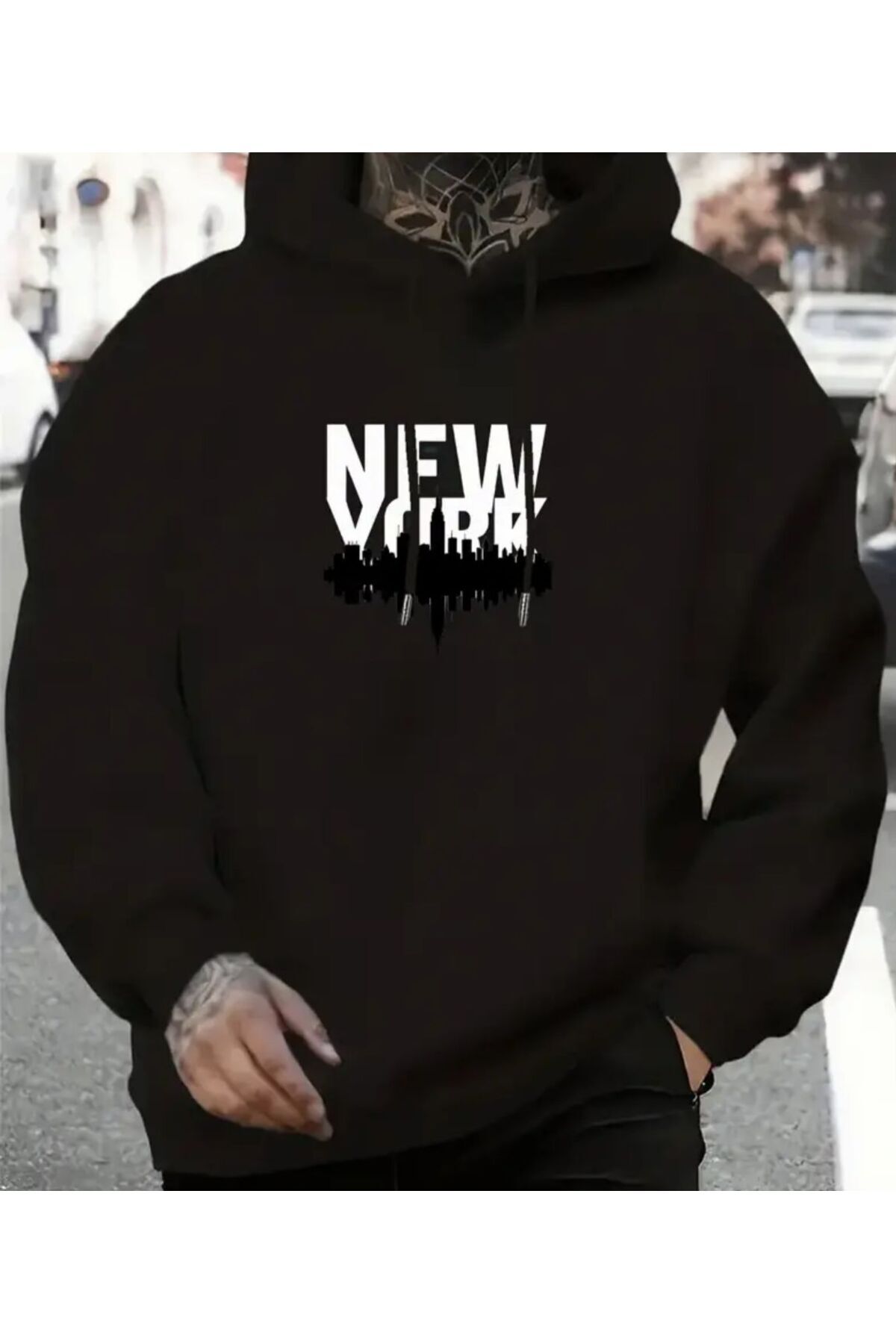 New York Printed Hooded Black Sweatshirt