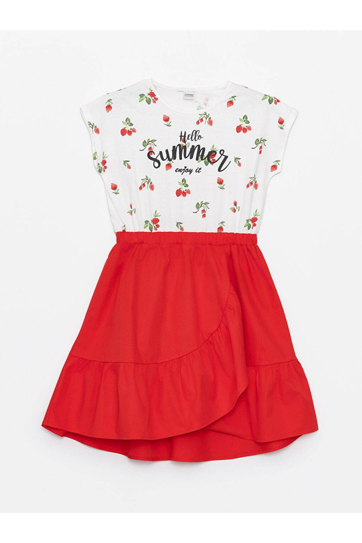 LC Waikiki LCW Kids Beyaz Bisiklet Yaka Baskılı Kız Çocuk Elbise