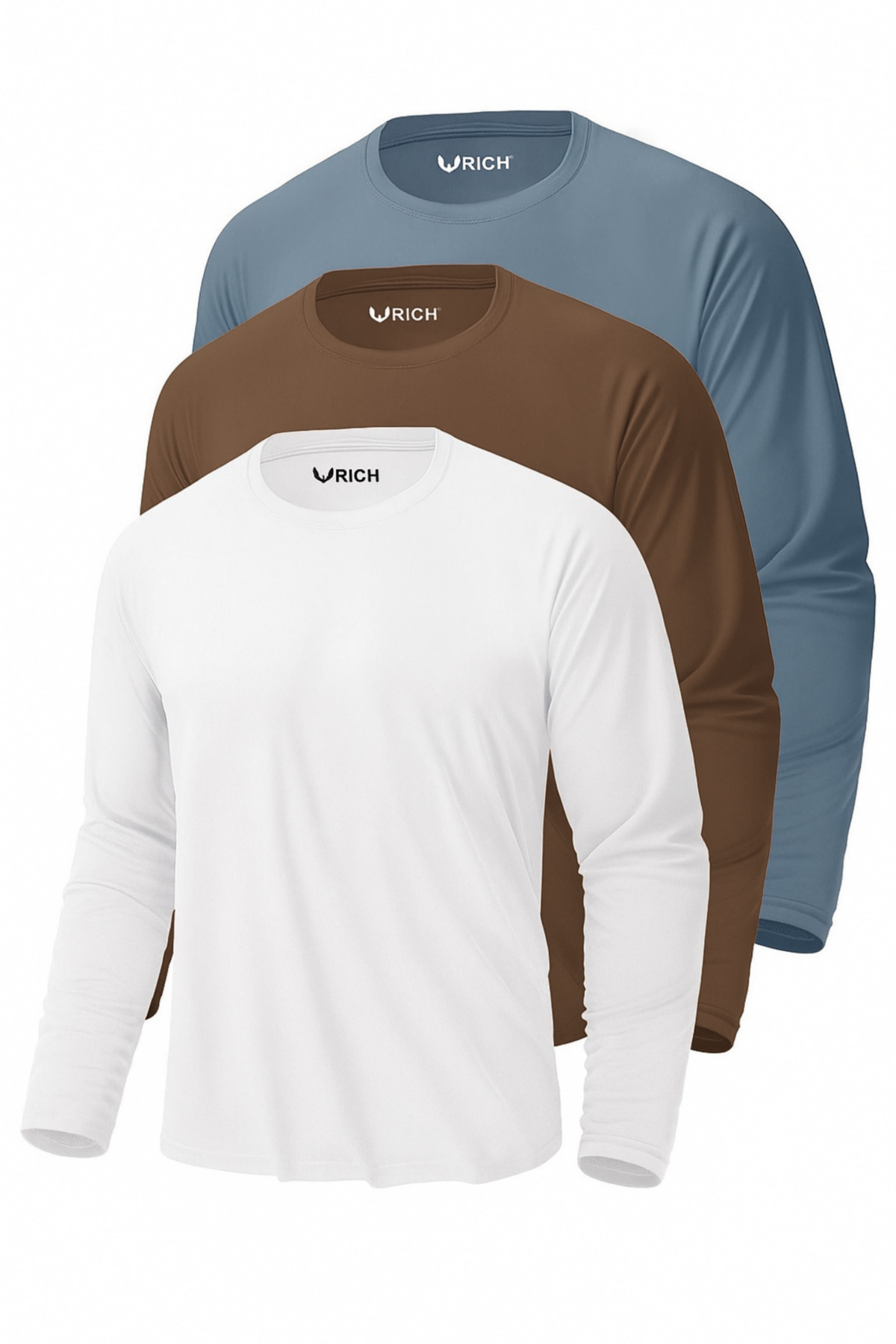 Rich Erkek Kahverengi-İndigo-Beyaz 3'lü Paket Basic Uzun Kollu Sporcu Body