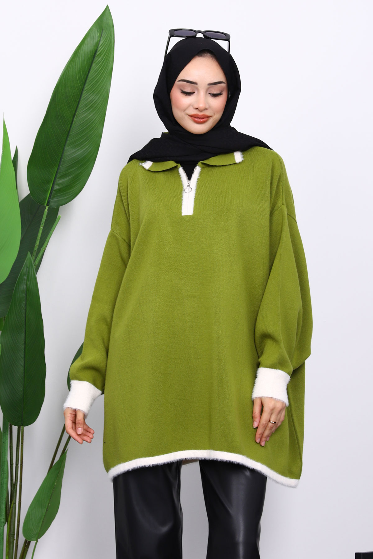 İmajButik Yeşil Gömlek Yaka Fermuarlı Triko Tunik