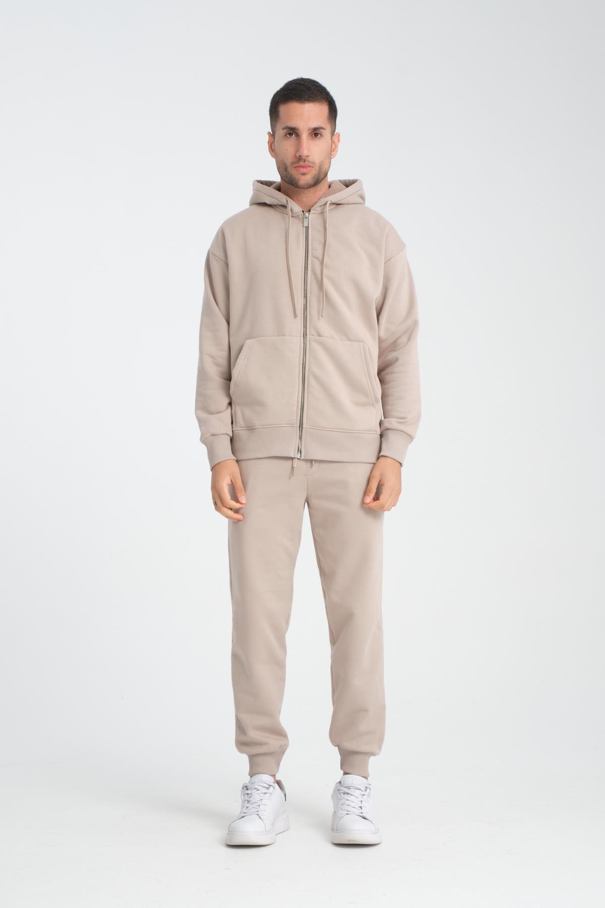 Valiberta İçi Peluş Üç İplik Kumaş Oversize Fermuarlı Kapüşonlu Sweatshirt - Kum Beji görsel 4