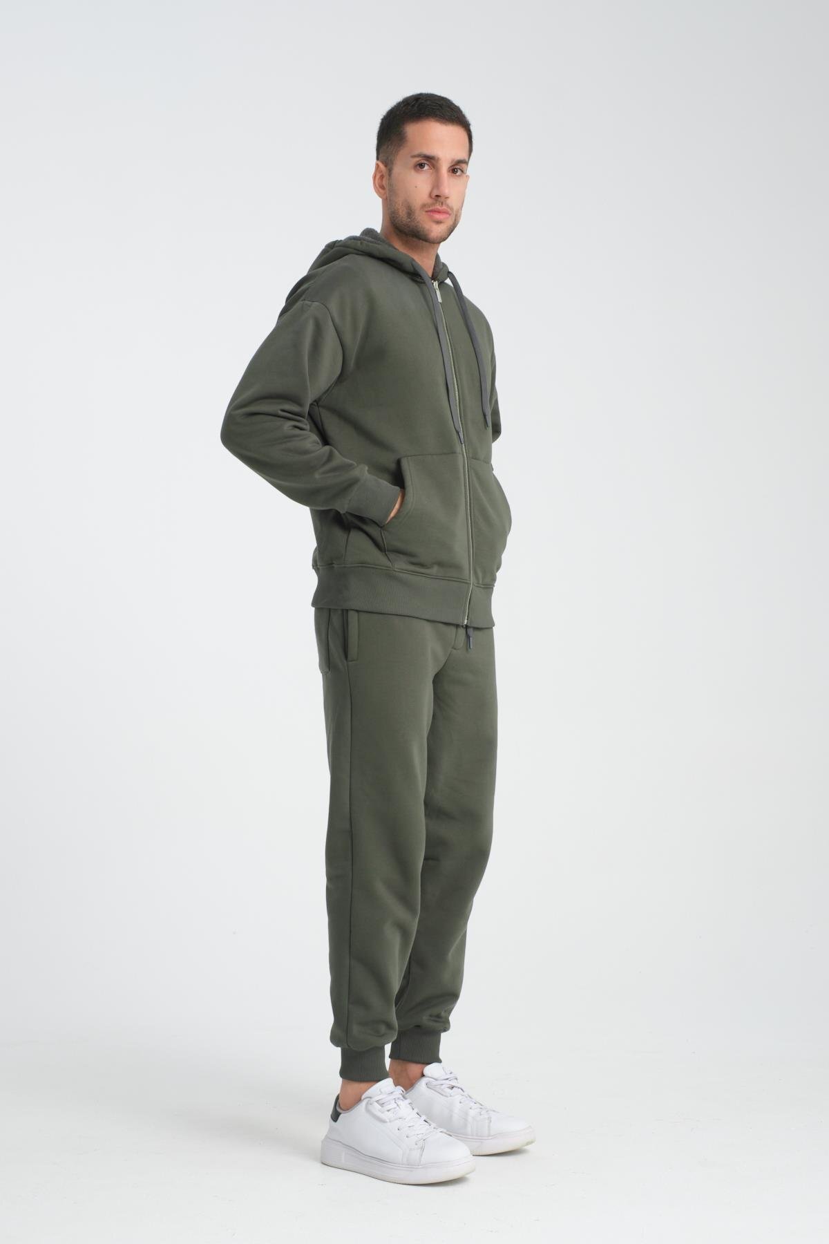 Valiberta İçi Peluş Üç İplik Kumaş Oversize Fermuarlı Kapüşonlu Sweatshirt - Çam Yeşili görsel 7
