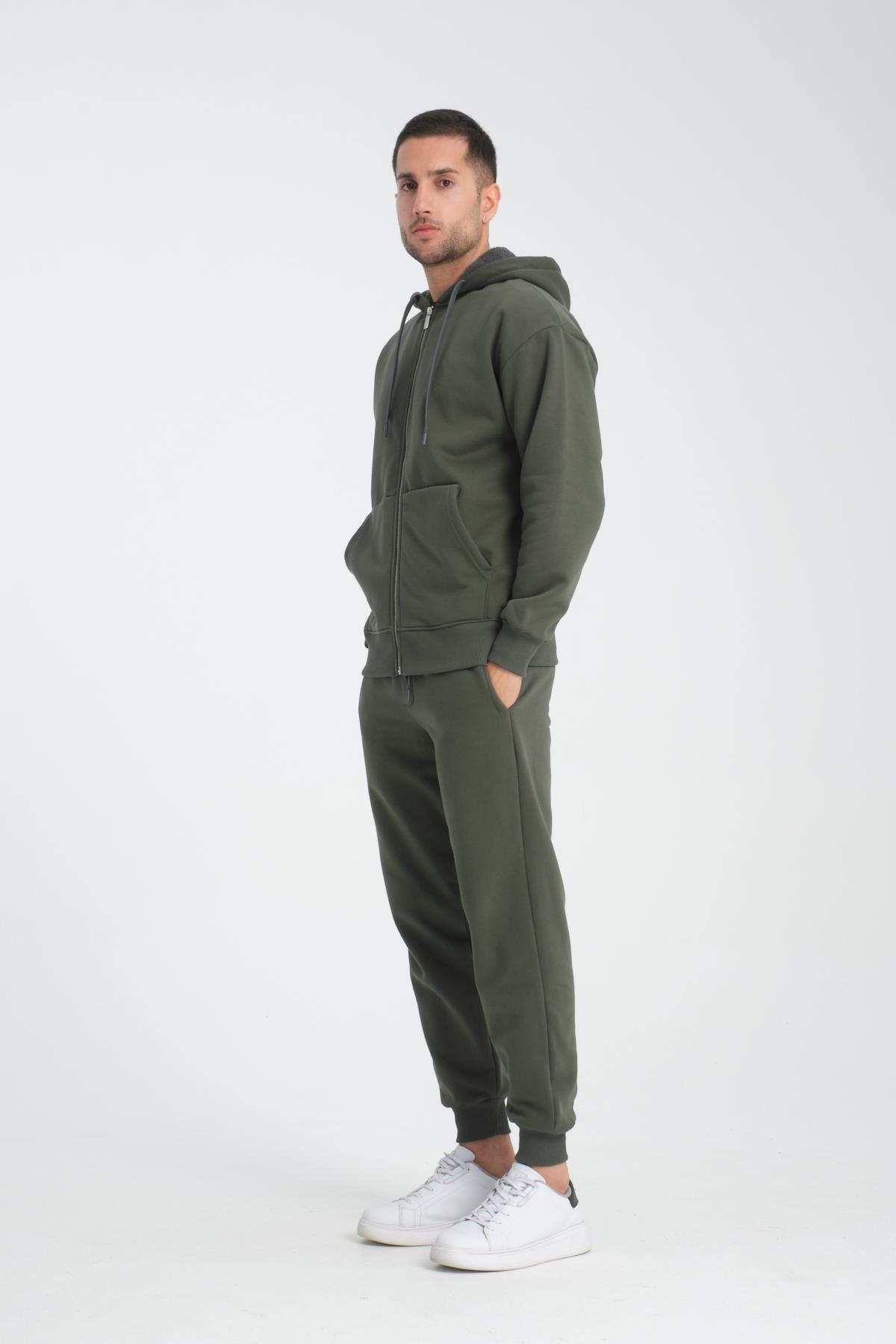 Valiberta İçi Peluş Üç İplik Kumaş Oversize Fermuarlı Kapüşonlu Sweatshirt - Çam Yeşili görsel 5