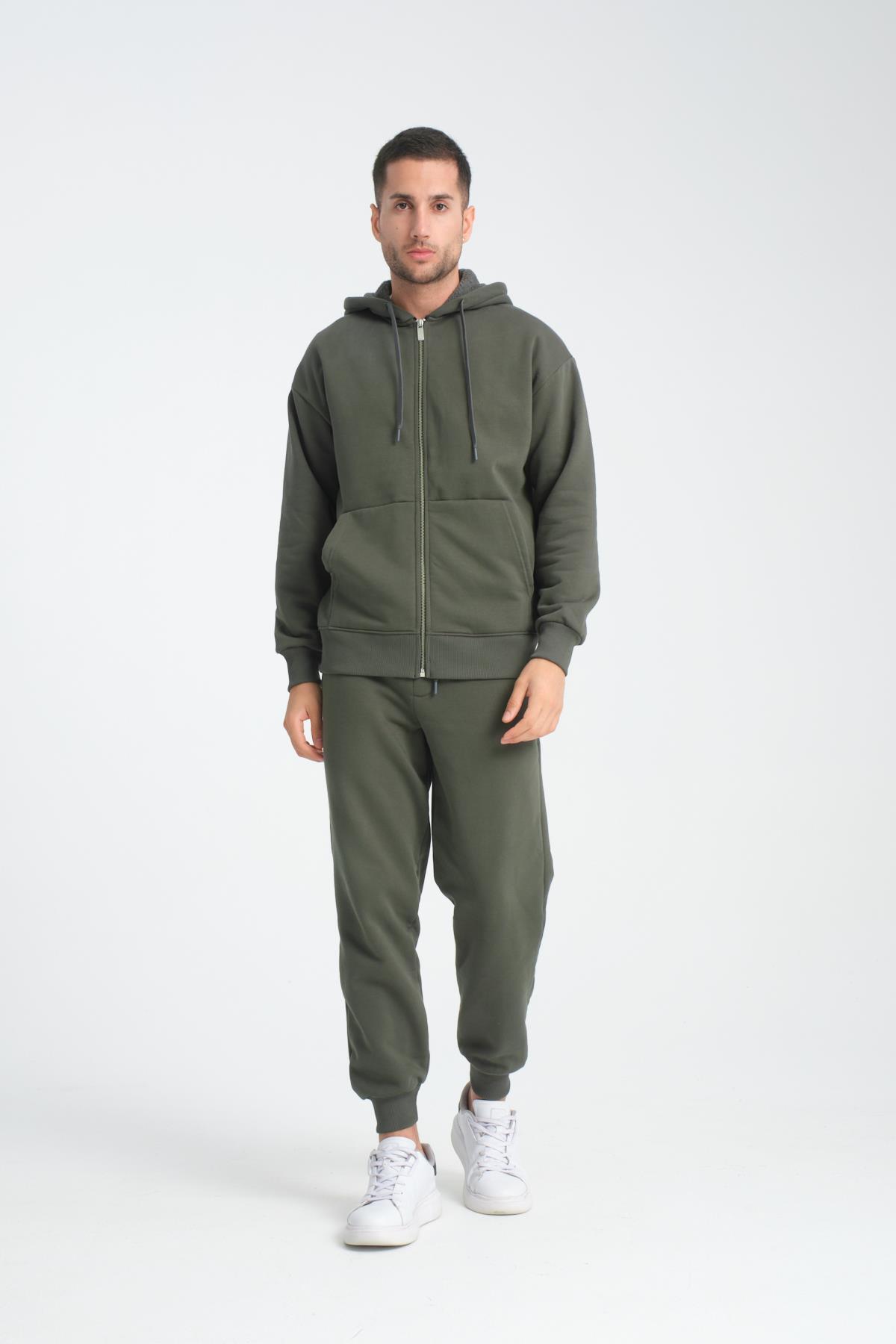 Valiberta İçi Peluş Üç İplik Kumaş Oversize Fermuarlı Kapüşonlu Sweatshirt - Çam Yeşili görsel 4