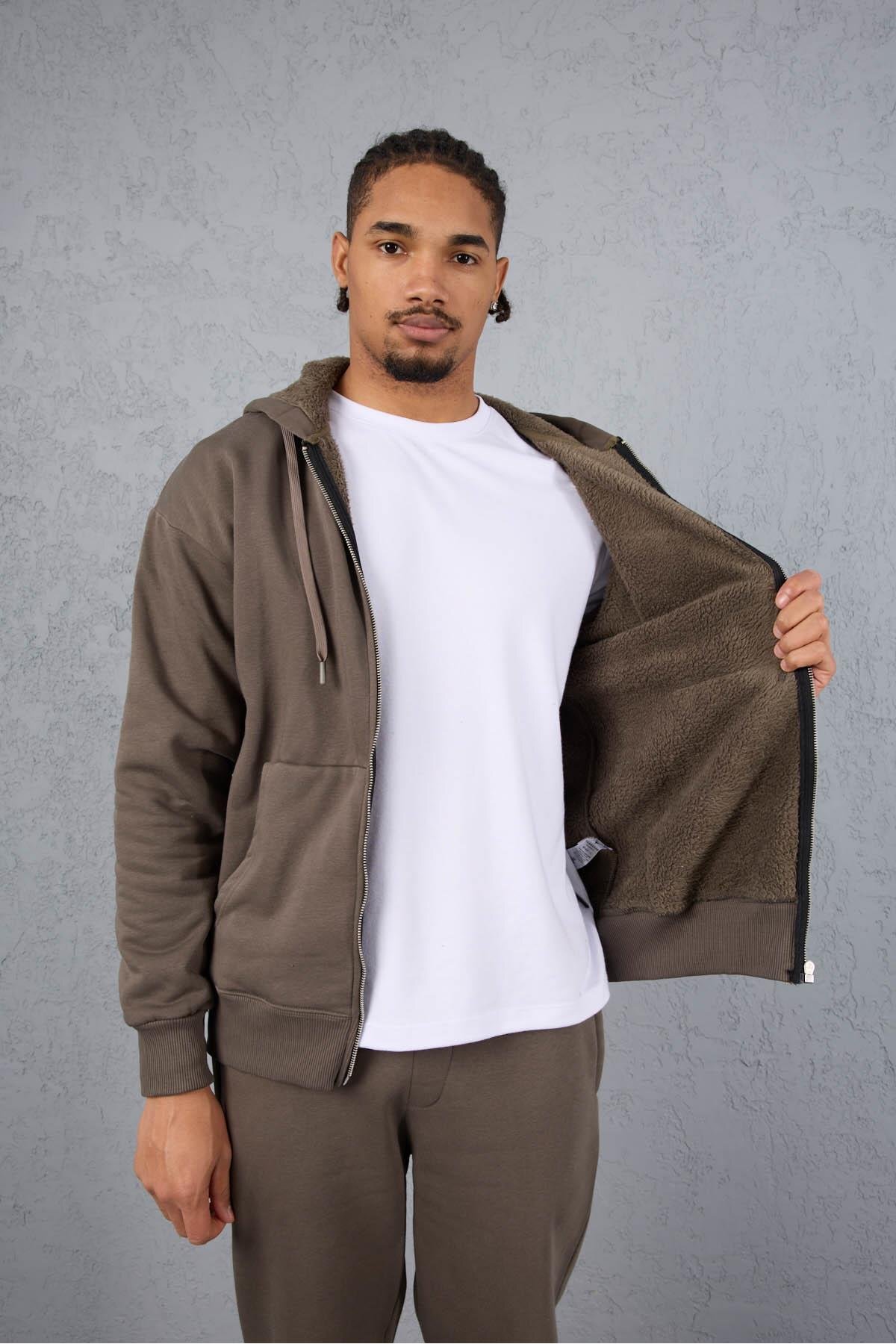 Valiberta İçi Peluş Üç İplik Kumaş Oversize Fermuarlı Kapüşonlu Sweatshirt - Kapari görsel 4