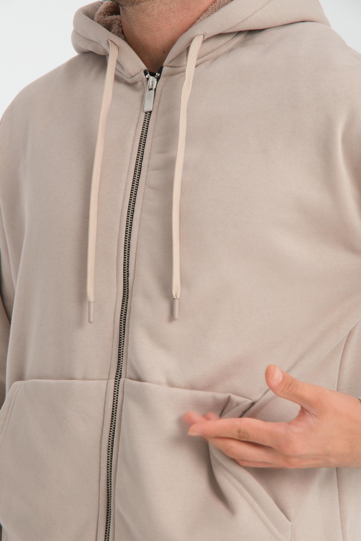 Valiberta İçi Peluş Üç İplik Kumaş Oversize Fermuarlı Kapüşonlu Sweatshirt - Kum Beji görsel 5