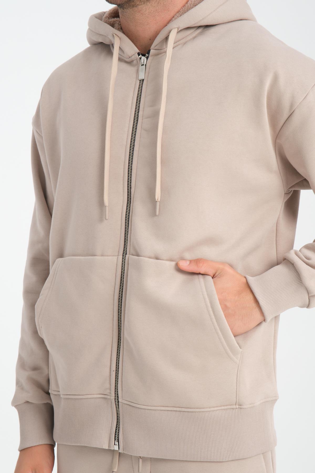 Valiberta İçi Peluş Üç İplik Kumaş Oversize Fermuarlı Kapüşonlu Sweatshirt - Kum Beji görsel 3