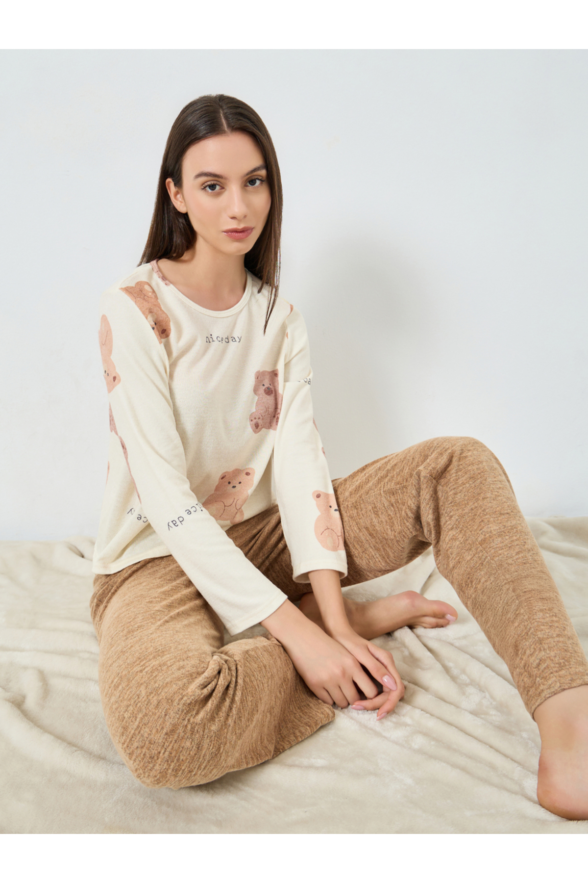 Take Two By Styli Cozy Beige Bear Print T-Shirt and Pyjama Set