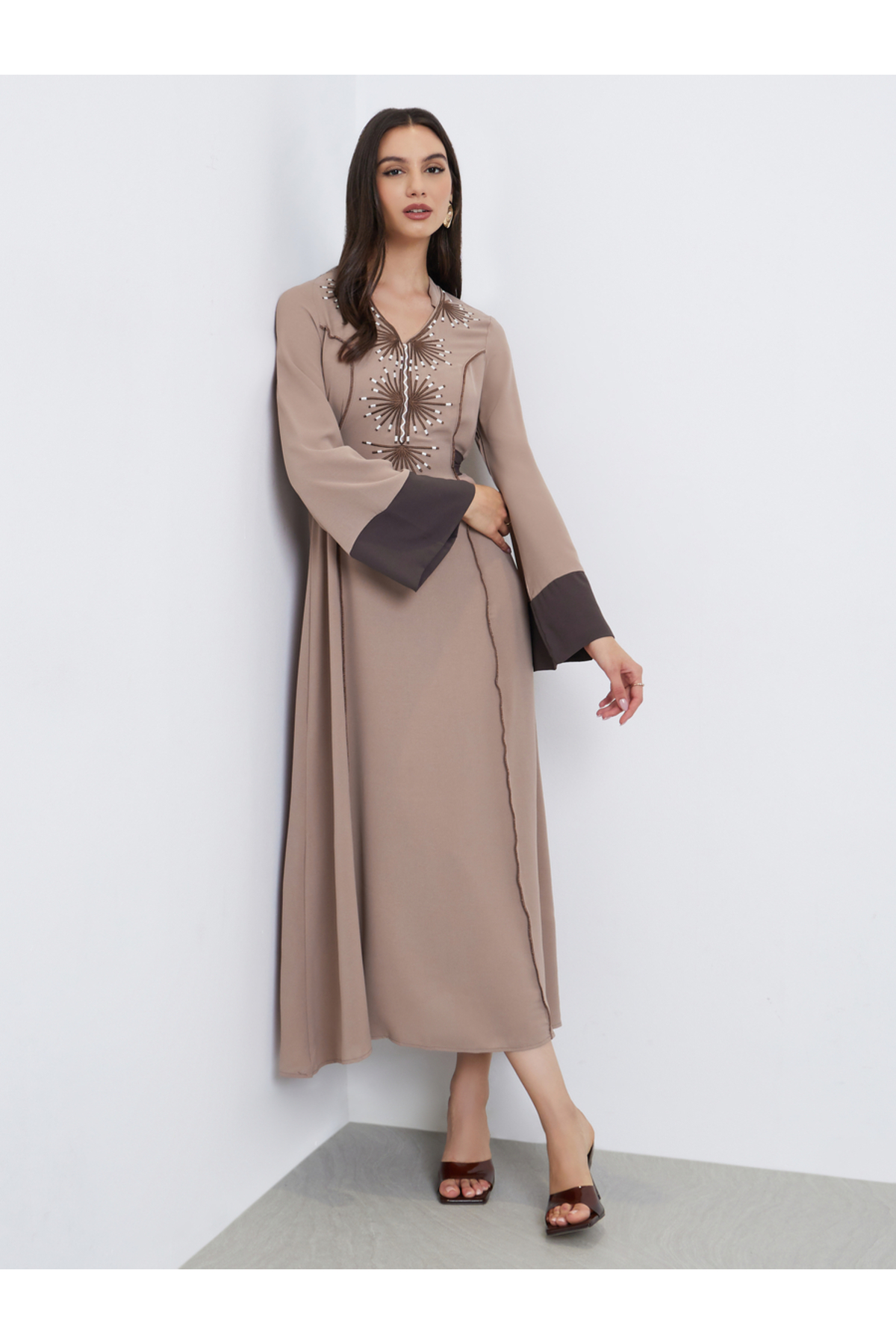 Take Two By Styli Beige Embroidery Back Tie A-Line Maxi Dress
