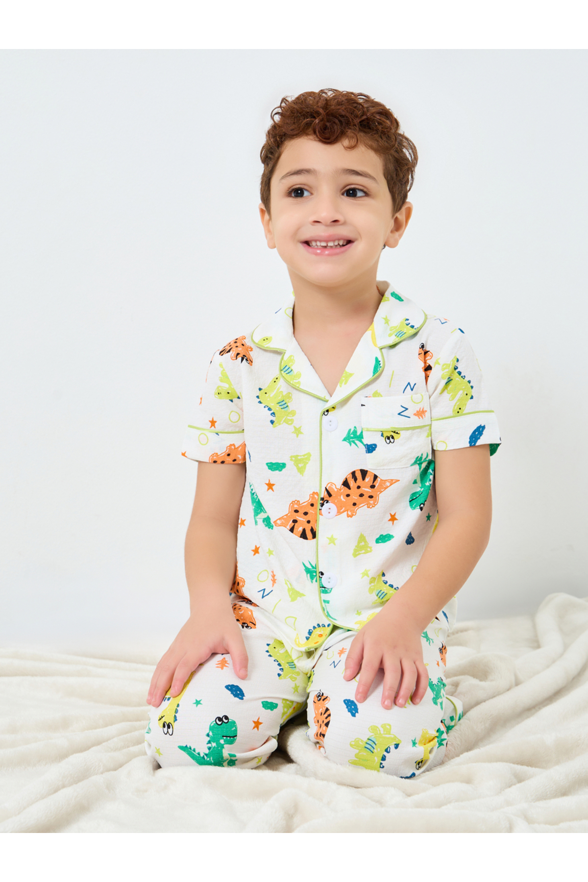 Take Two By Styli Boy White Dino Graphic Print Shirt and Pyjama Set