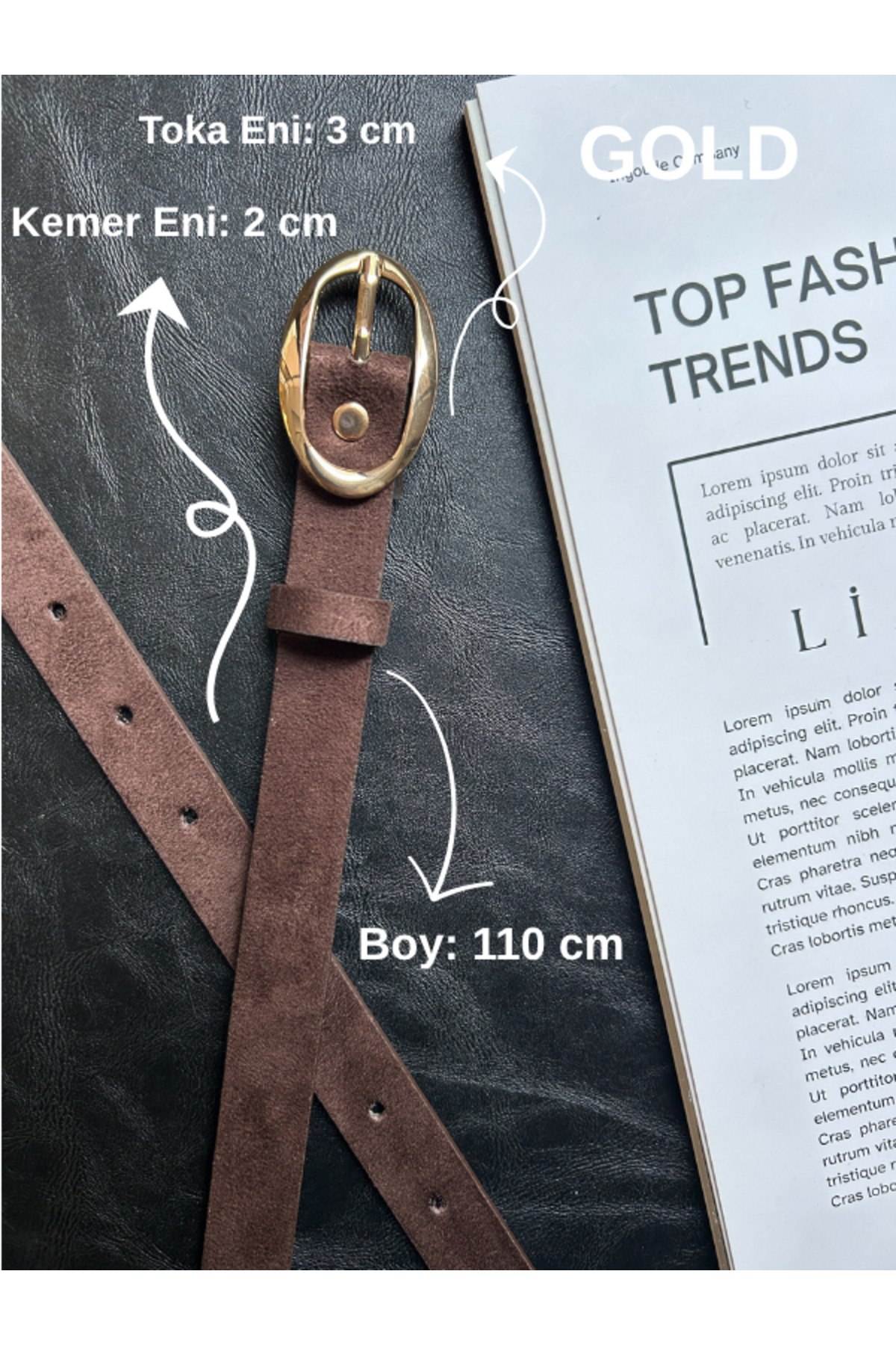 LİA KEMER  Eminent Uzun Halka Desenli Süet Kadın Gold Tokalı Kemer Ceket Kemeri Elbise Kemeri Pantolon Kemeri - Görsel 4