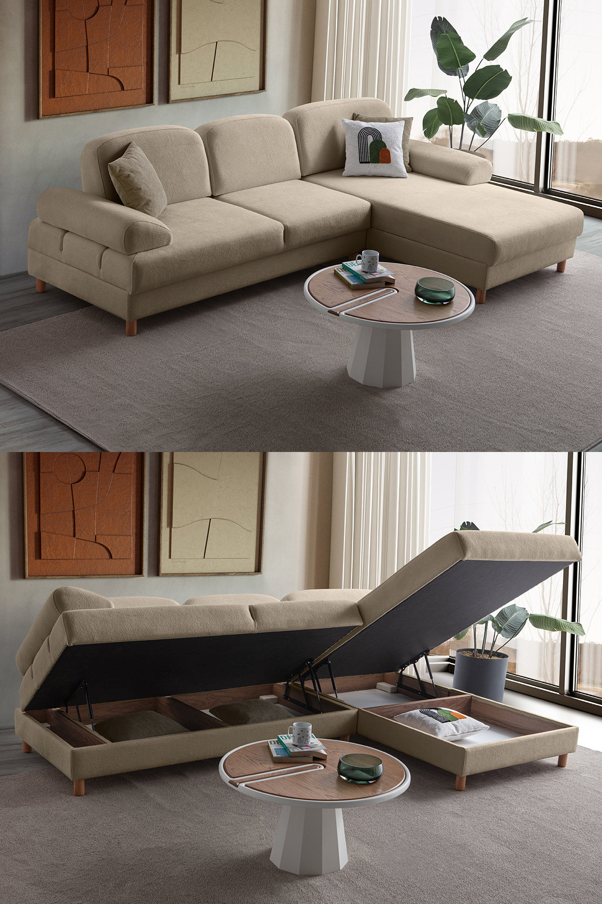 Eymense Aries Yataklı Sandıklı Köşe Takımı Sütlü Kahve Sağ Köşe