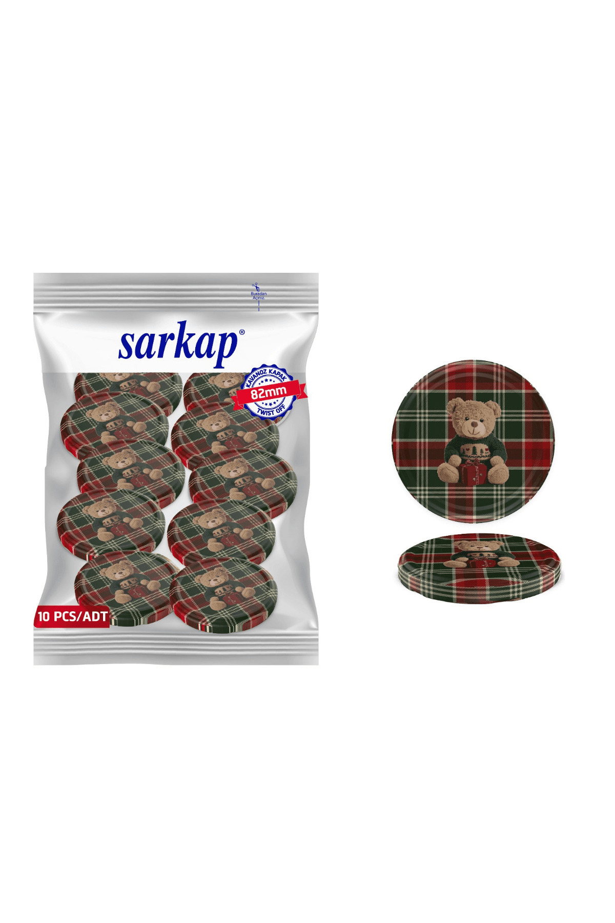Sarkap Hijyenik Paketli 10 Adet Kavanoz Kapağı – Yılbaşı Seri – Ekose Teddy Kırmızı&Yeşil 82 mm