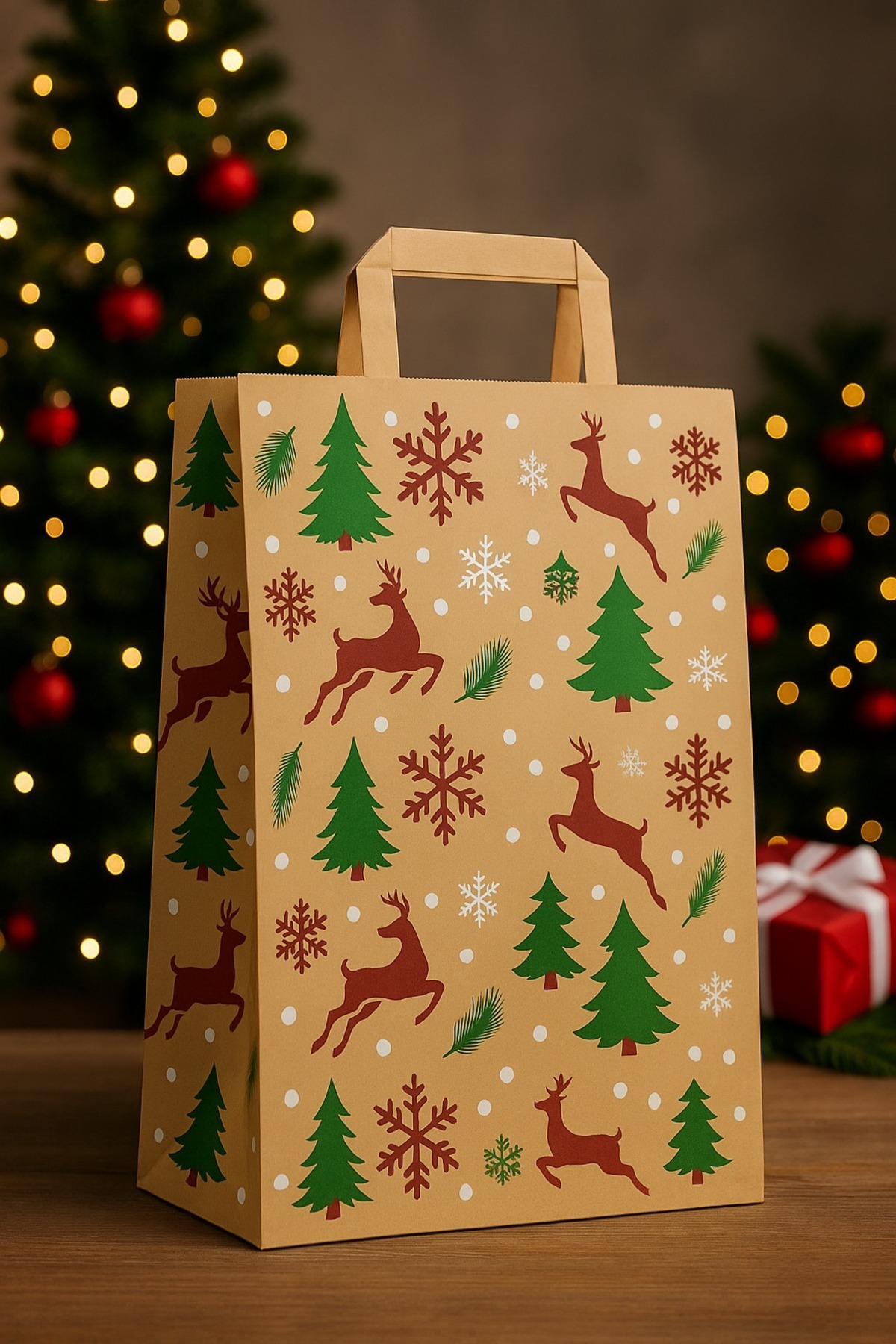 Dekals 5 Adet Battal Boy Flat Saplı Hediye Paketi Çam Geyik Kar Desenli Kraft Çanta