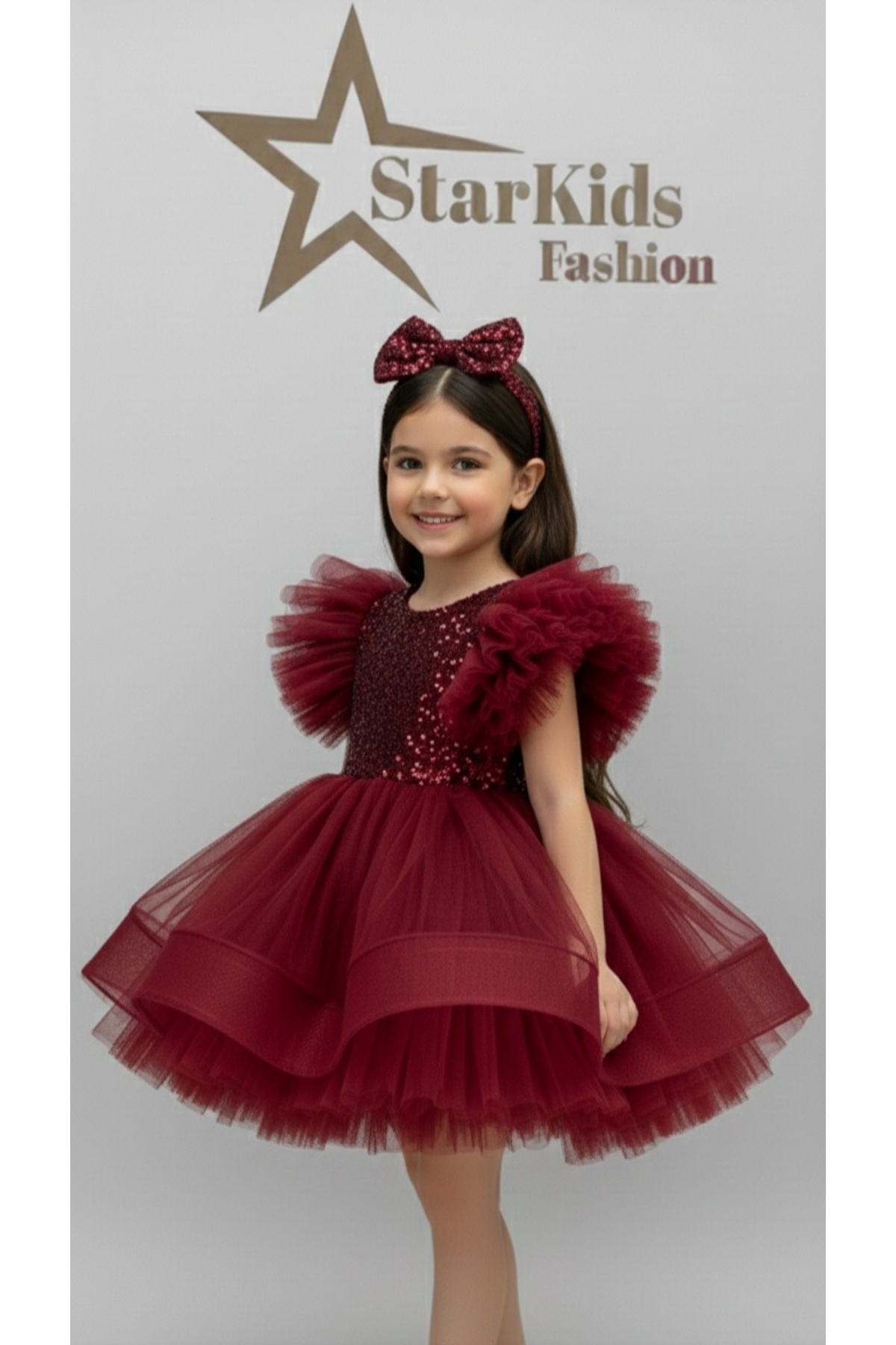 Star Kids Kız Çoçuk Bordo Payet Tütü Elbise, Kız Çoçuk Parti Elbisesi