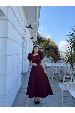 ASLIHANGÜNER PARLA balon kol bordo kloş etek uzun abiye/elbise