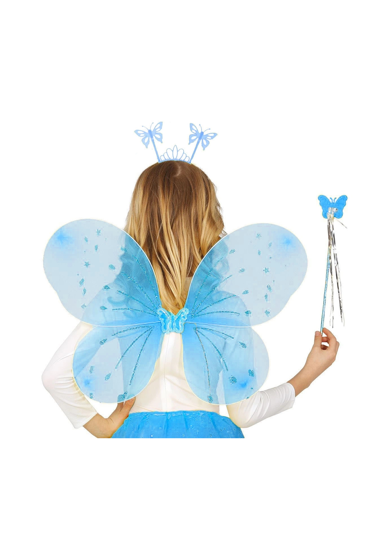 YNT İthalat Mavi Kelebek Erkek-kız Seti – 50 Cm Kelebek Kanadı, Taç Ve Asa