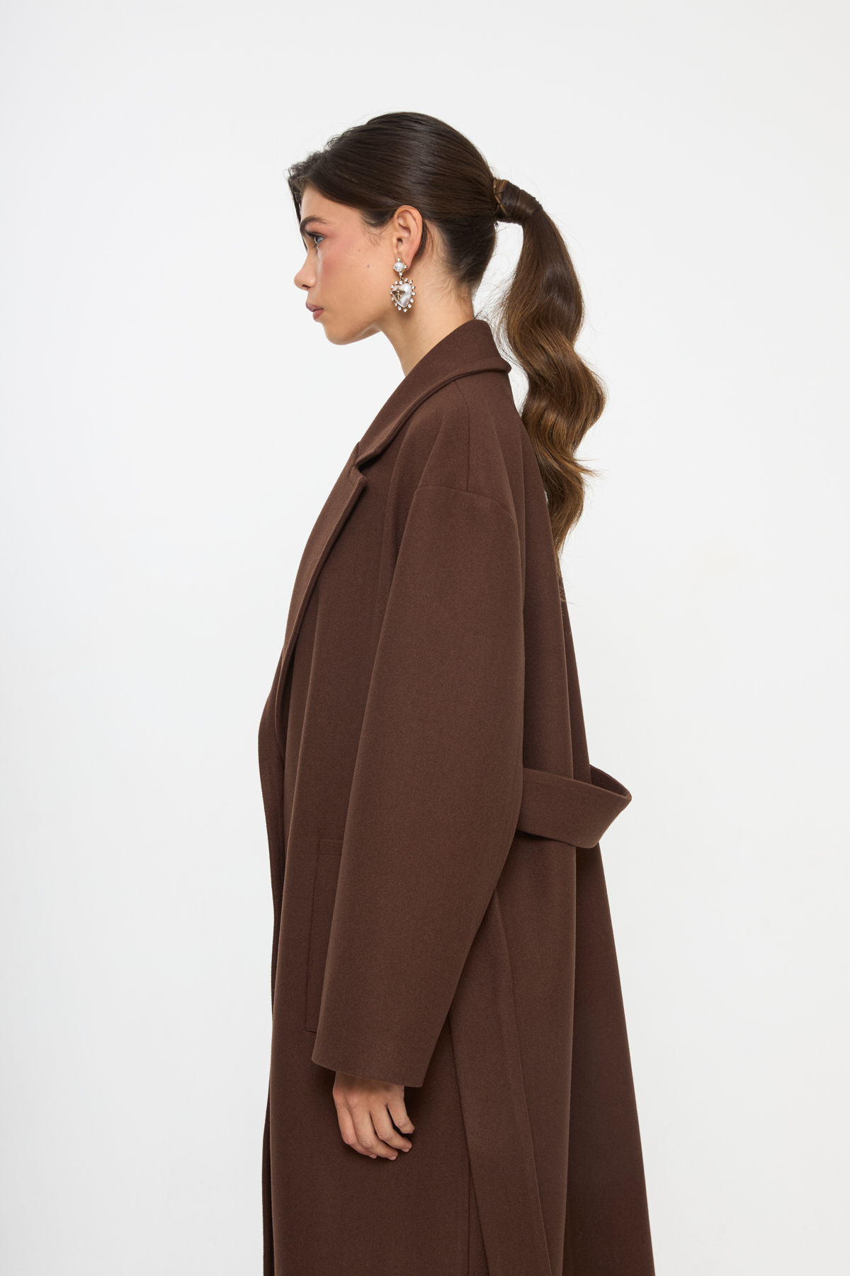 Tt Line Kuşaklı Oversize Kaşe Palto Kahve görsel 3
