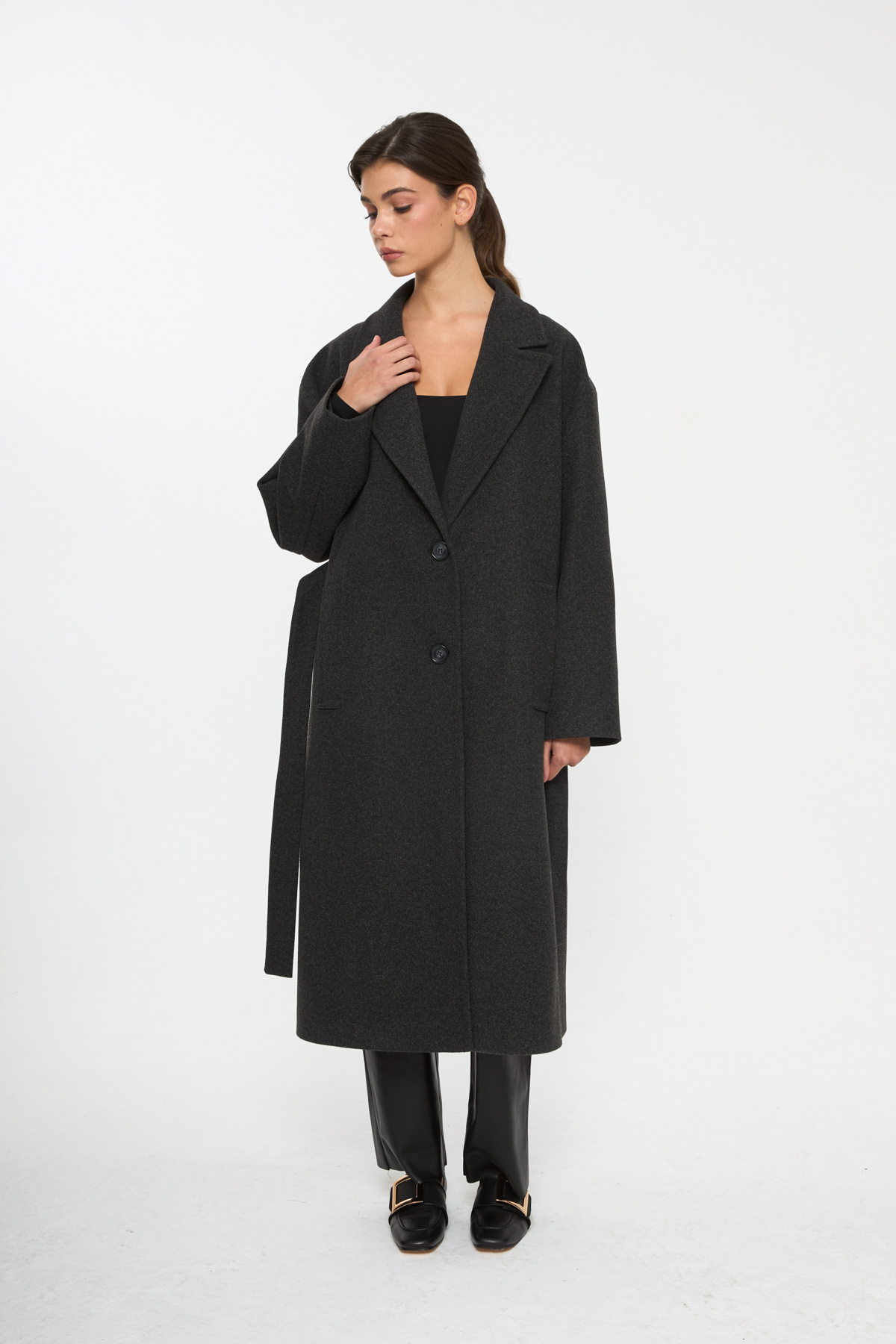 Tt Line Kuşaklı Oversize Kaşe Palto