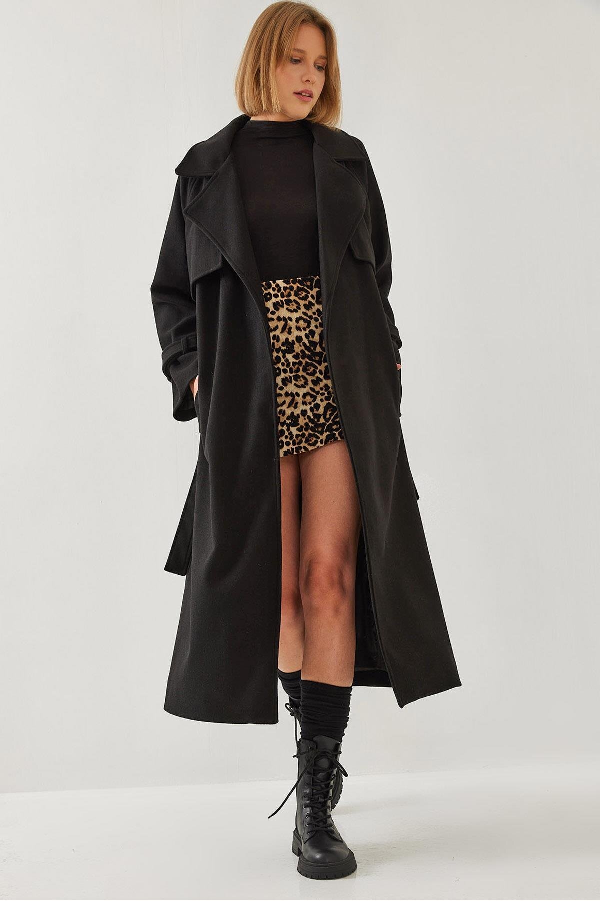 HARMONY GLOBAL  Kadın Rüzgarlıklı Siyah Kuşaklı Uzun Kaşe Kaban – Oversize Kesim, Klasik ve Şık Kışlık Trençkot 8102 - Görsel 2