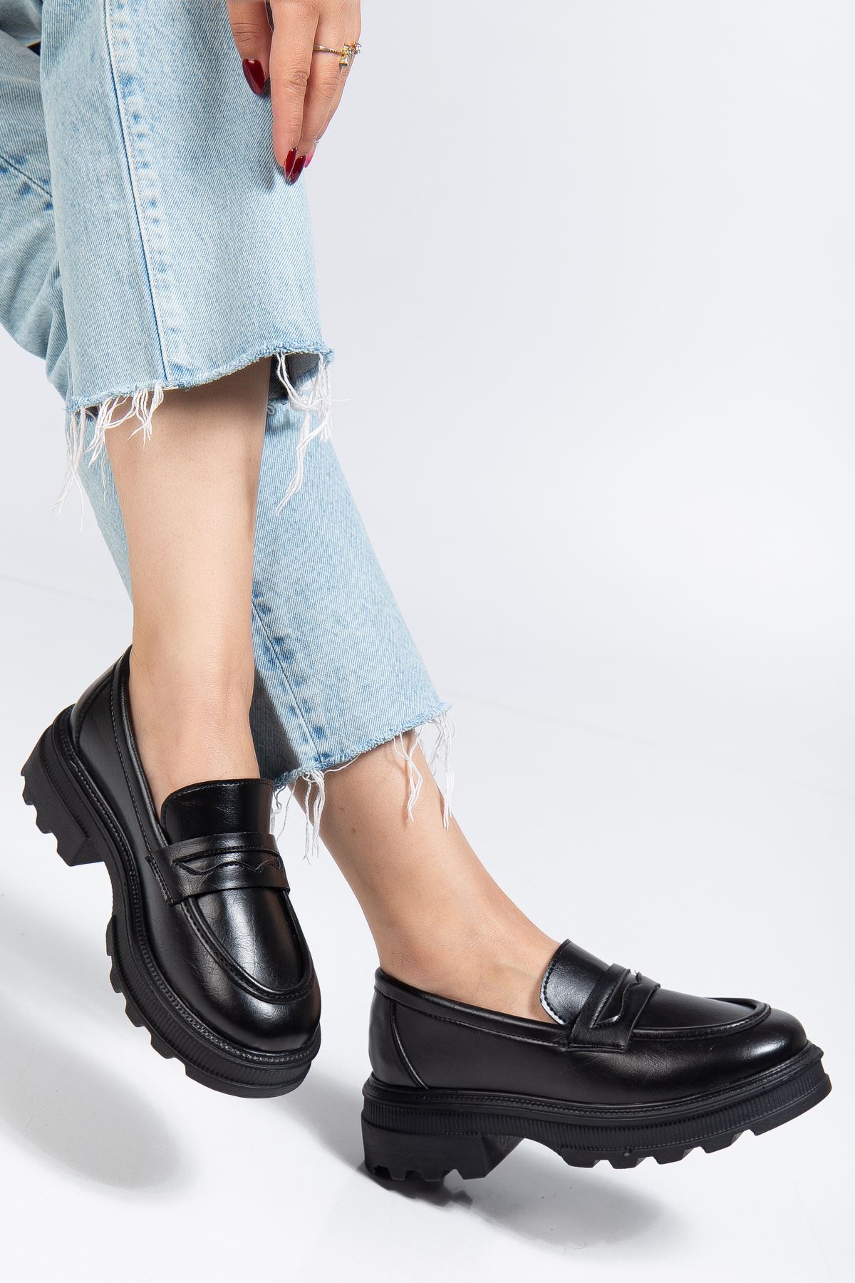 infon shoes creation 746-759 Siyah Yanki Yüksek Tabanlı Loafer Ayakkabı