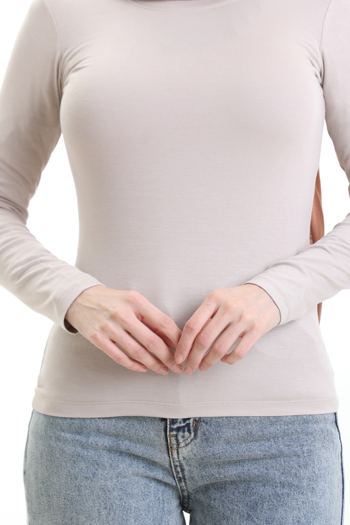 Kadın Likralı Basic Uzun Kollu Body - Taş