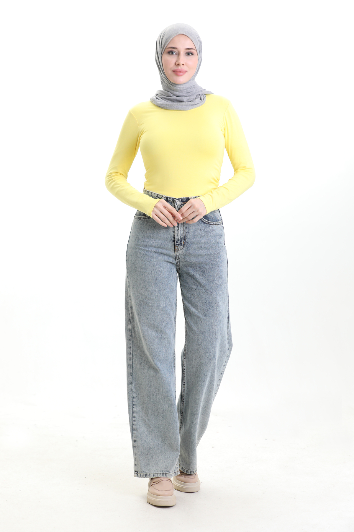 Kadın Likralı Basic Uzun Kollu Body - Sarı