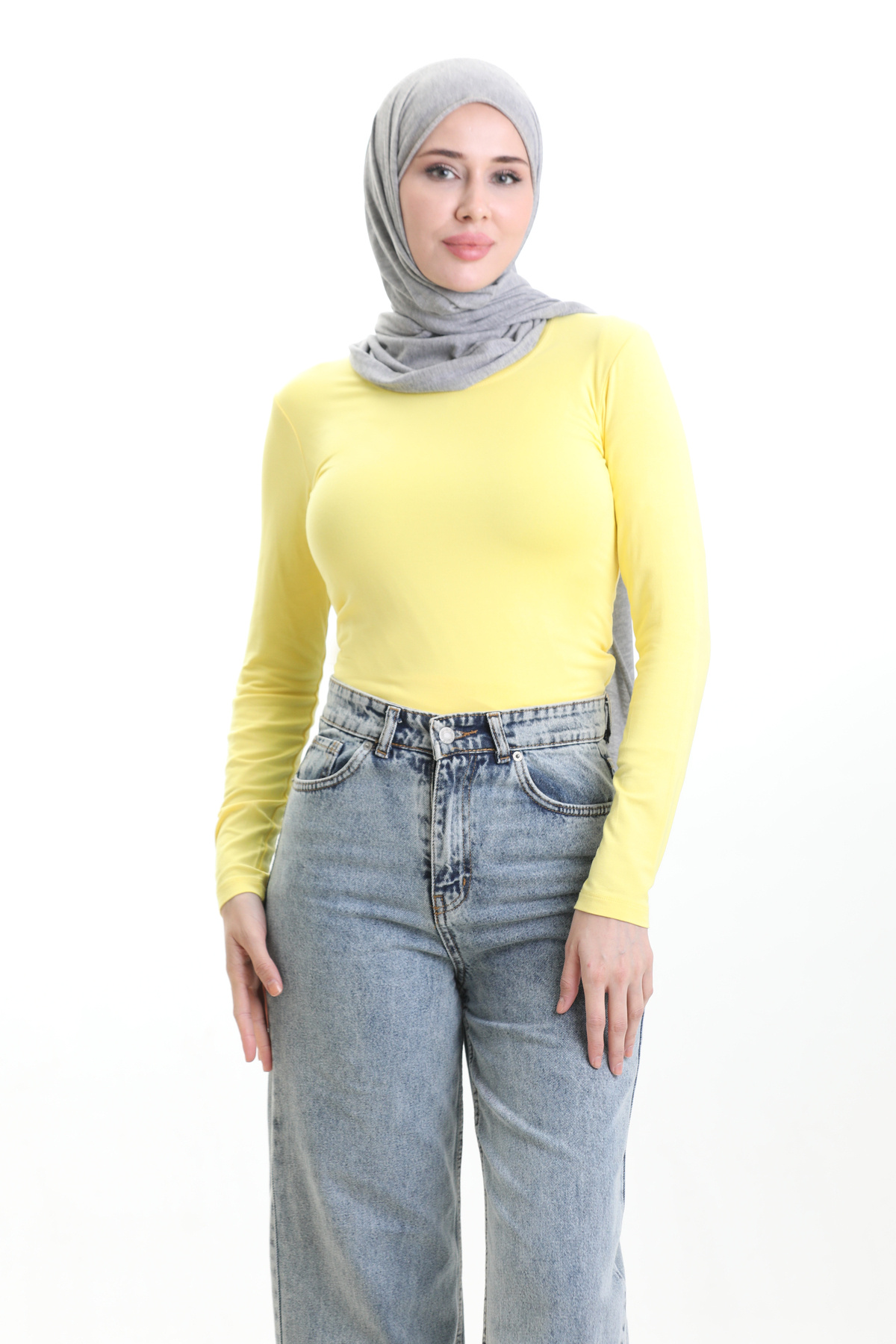 Kadın Likralı Basic Uzun Kollu Body - Sarı