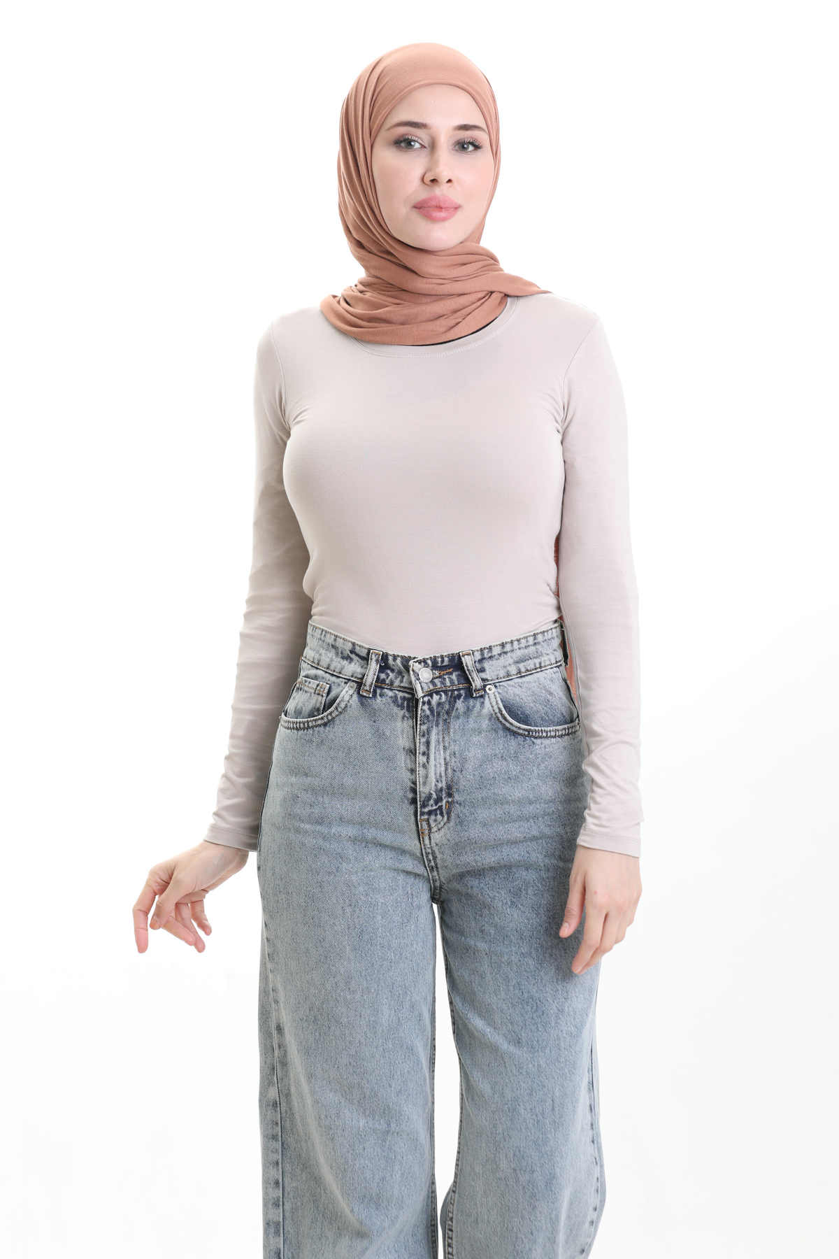 Kadın Likralı Basic Uzun Kollu Body - Taş