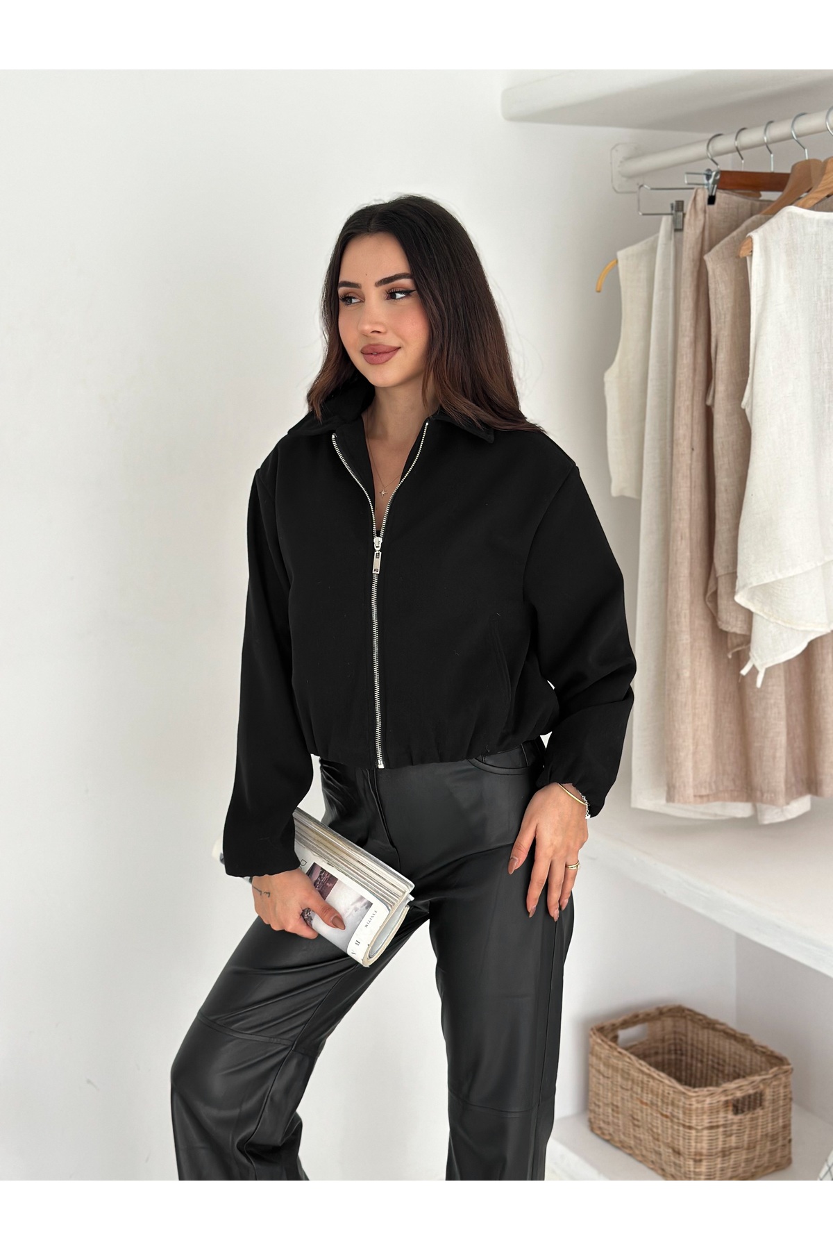 SBL COLLECTİON Kadın Cep Detaylı Fermuarlı Kaşe Bomber Ceket görsel 7