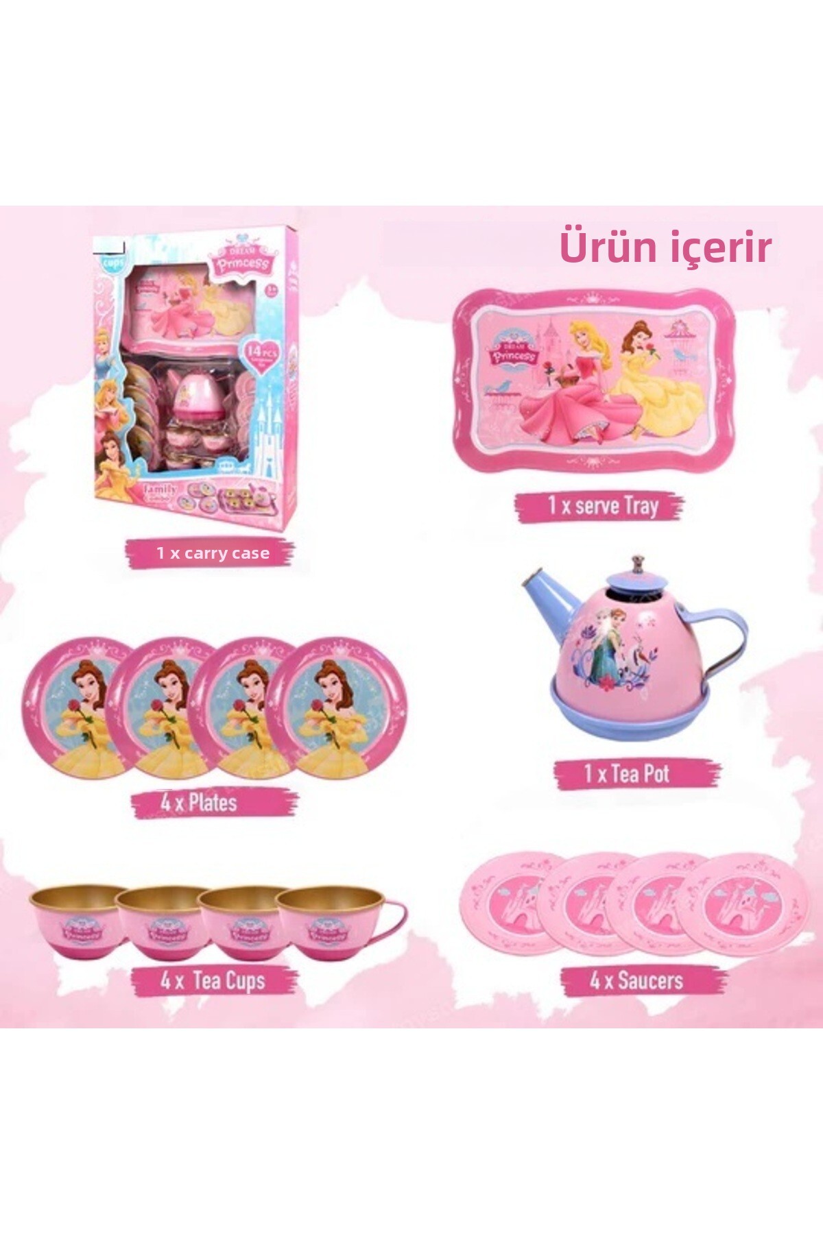 ست چای بازی فلزی ۱۴ تکه دخترانه صورتی پرنسس