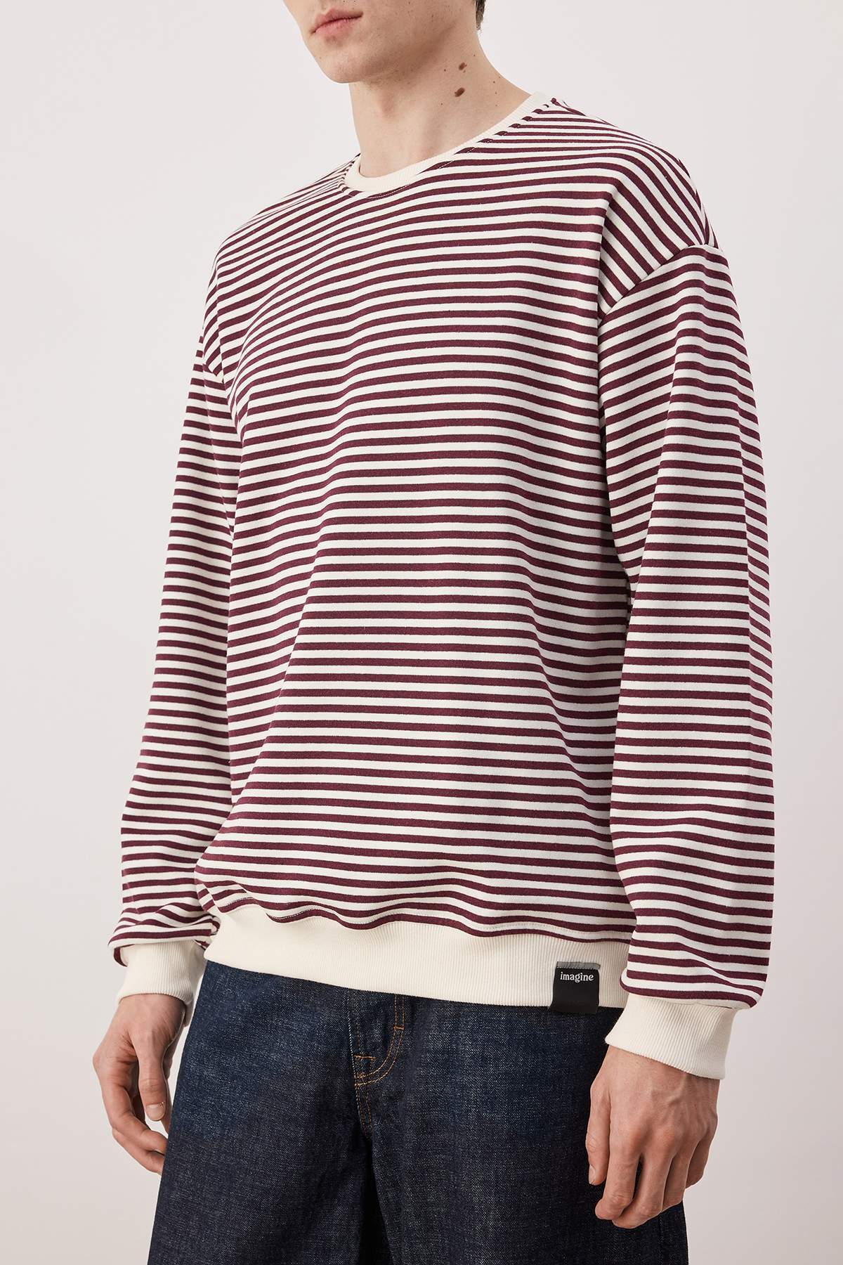 Trendyolmilla  Bordo Oversize/Geniş Kesim Çizgili İçi Polarlı Pamuklu Sweatshirt TMNAW24SW00065 - Görsel 3