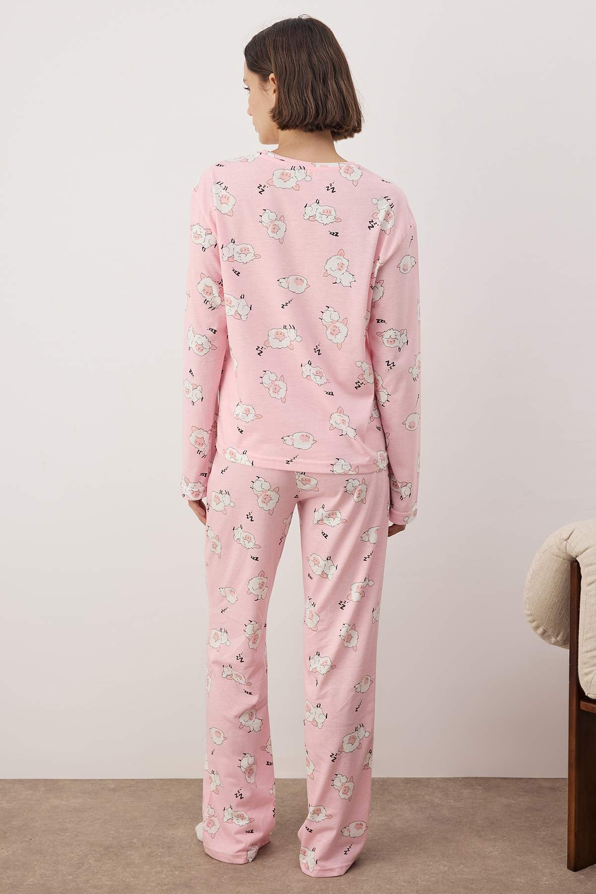 Trendyolmilla  Pembe %100 Pamuklu Uyku Temalı Kuzu Desenli Örme Pijama Takımı THMAW26PT00046 - Görsel 4