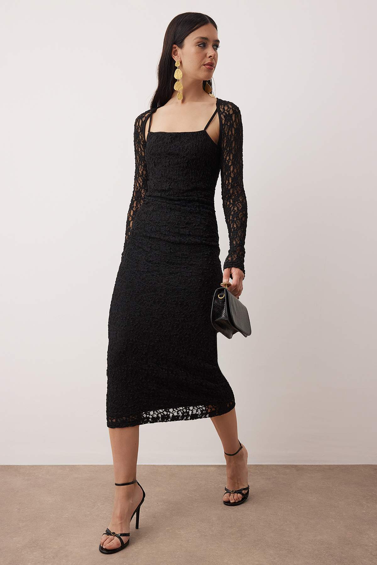 Trendyolmilla  Siyah Dantel Midi Astarlı Şık/Gece Elbisesi TPRAW26EL00078 - Görsel 2
