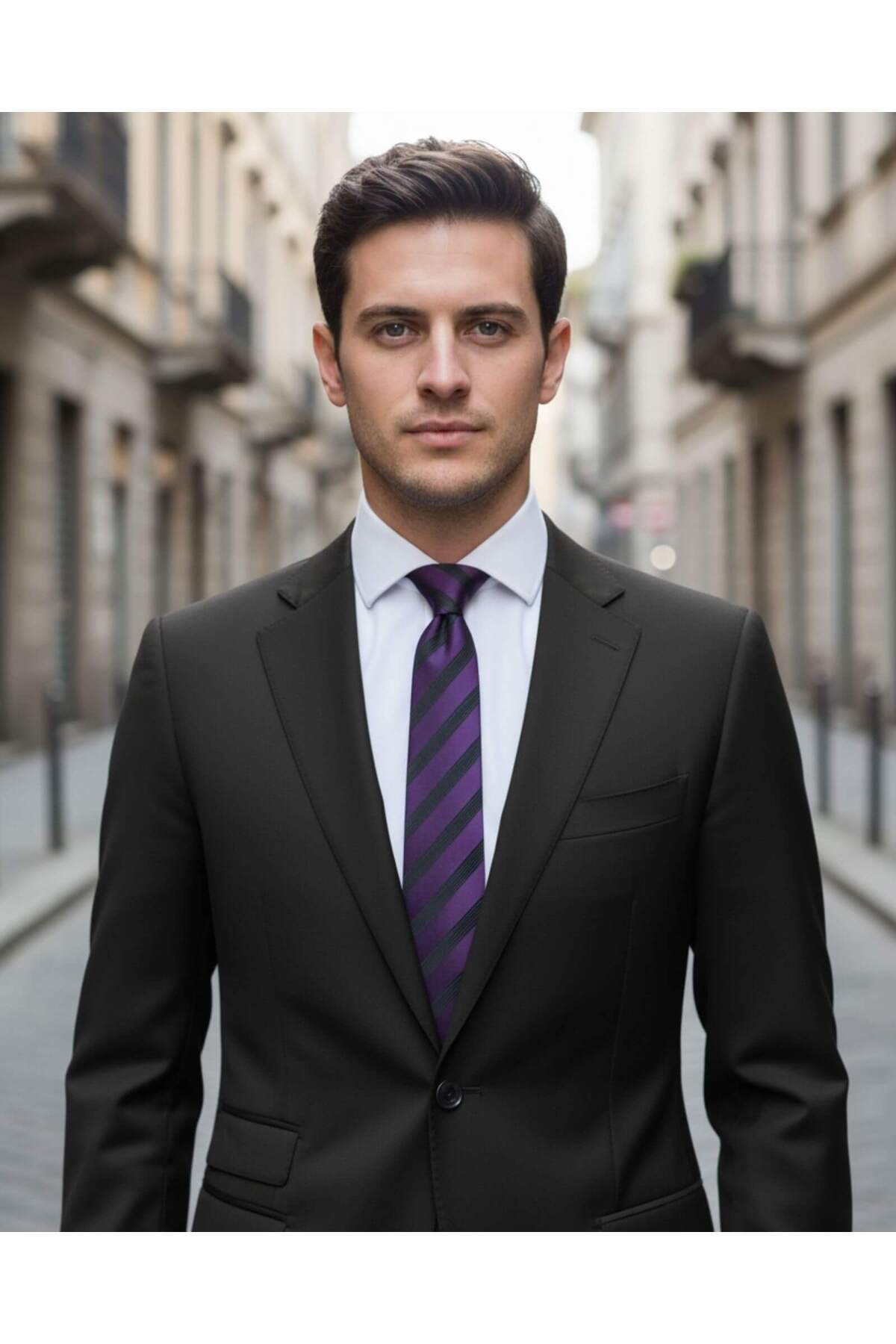  کراوات ابریشمی بنفش راه راه مشکی با عرض ۷.۵ سانتی متر