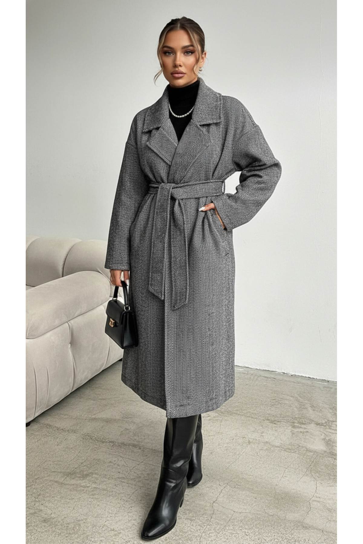 trendlina Μακρύ παλτό με ζώνη που δένει τη μέση