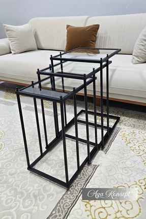 AGA KONSEPT 3'lü SİYAH Tekerlekli C Sehpa, ŞEFFAF CAM, Güvenilir 6mm Kalın Ca...