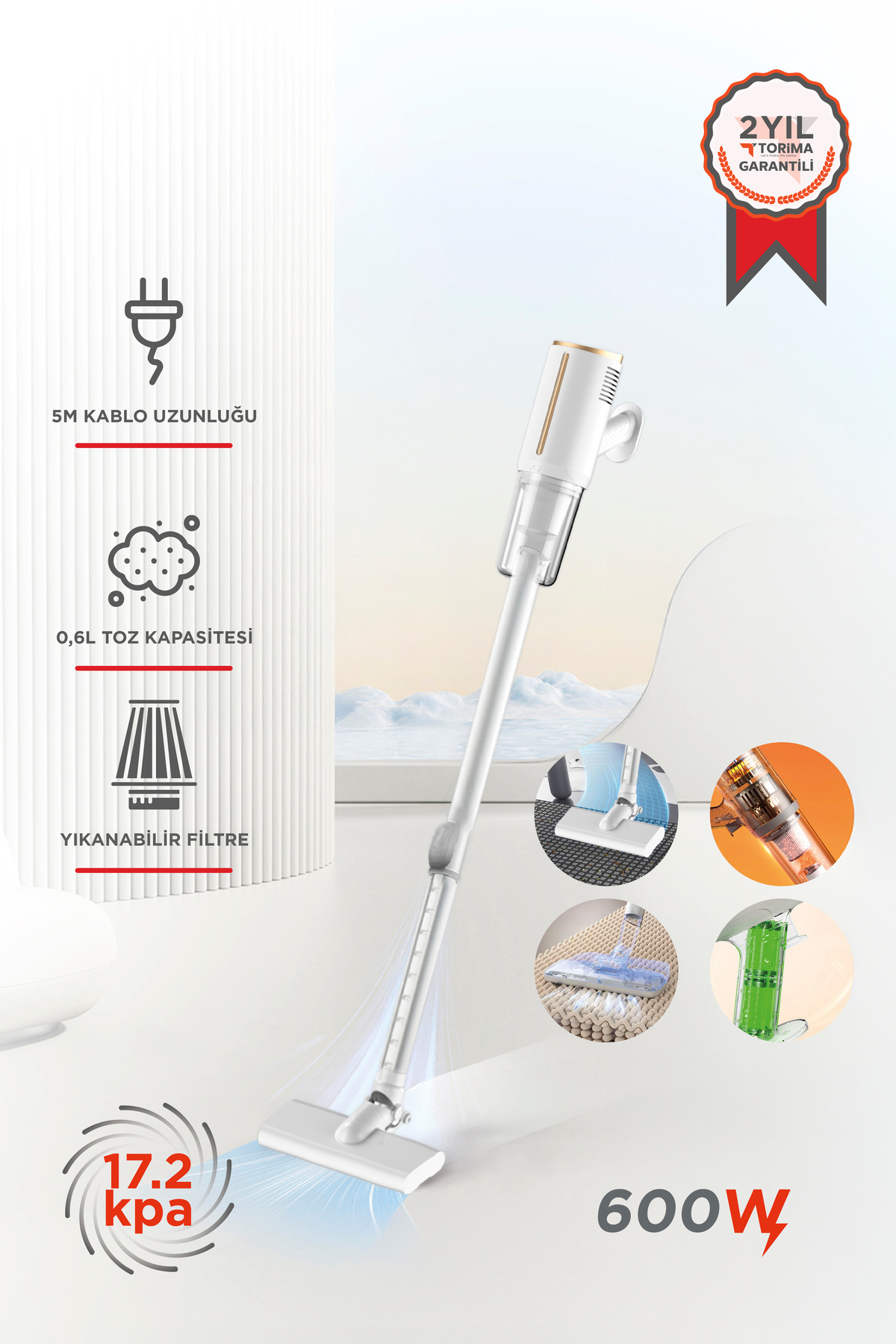Torima TVC-01 Beyaz Elektrikli Dikey Süpürge 600W Vakum Süpürge