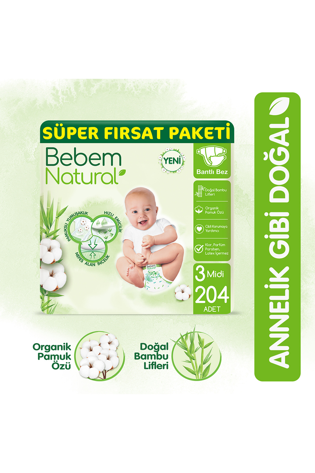 Bebem Natural Bebek Bezi 3 Beden Midi Süper Fırsat Paketi 204 Adet