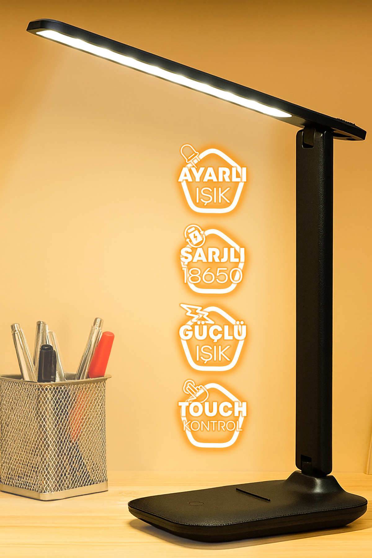 Telvesse Şarjlı Masa Lambası 3 Renk Dokunmatik Telefon Standlı Kademeli Çalışma Okuma Işığı Lambası 9W Siyah