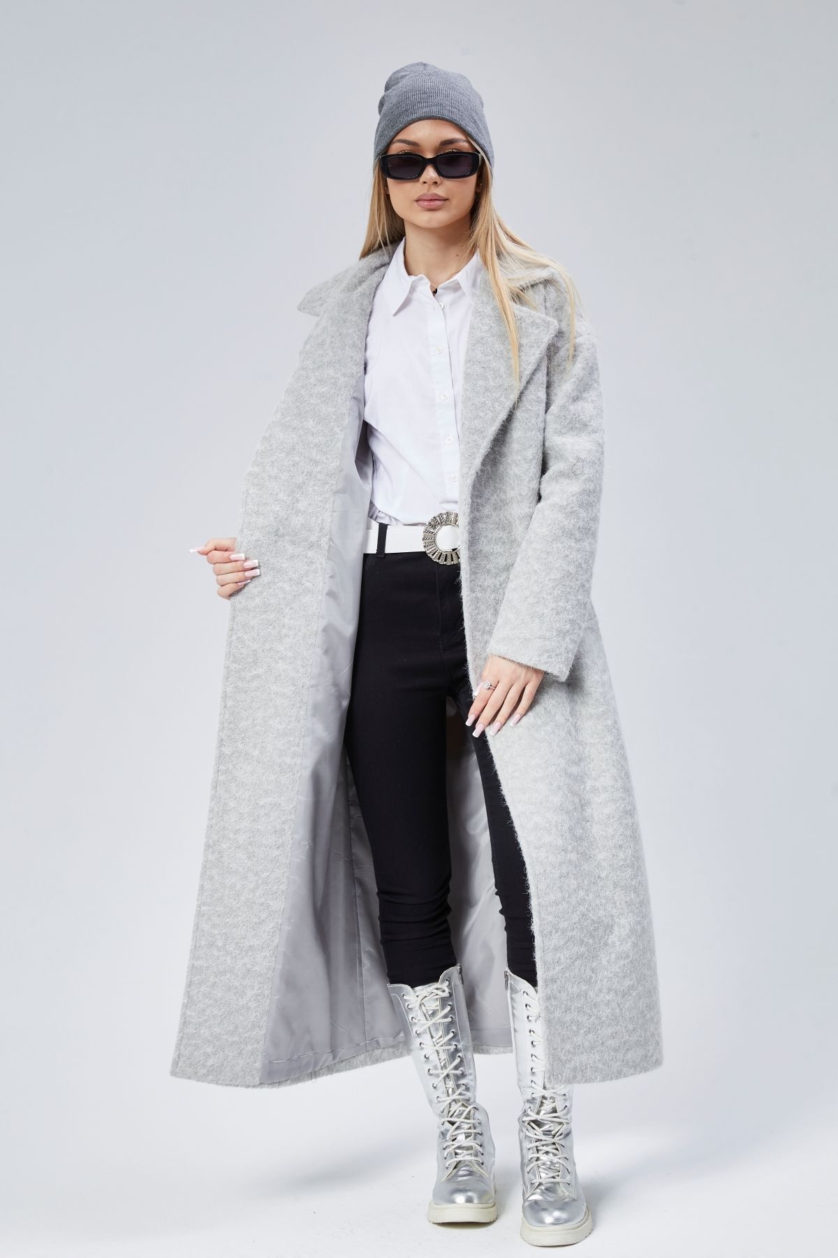 Bolivente  Gri Buklet Kaşe Oversize Kaban - Görsel 7