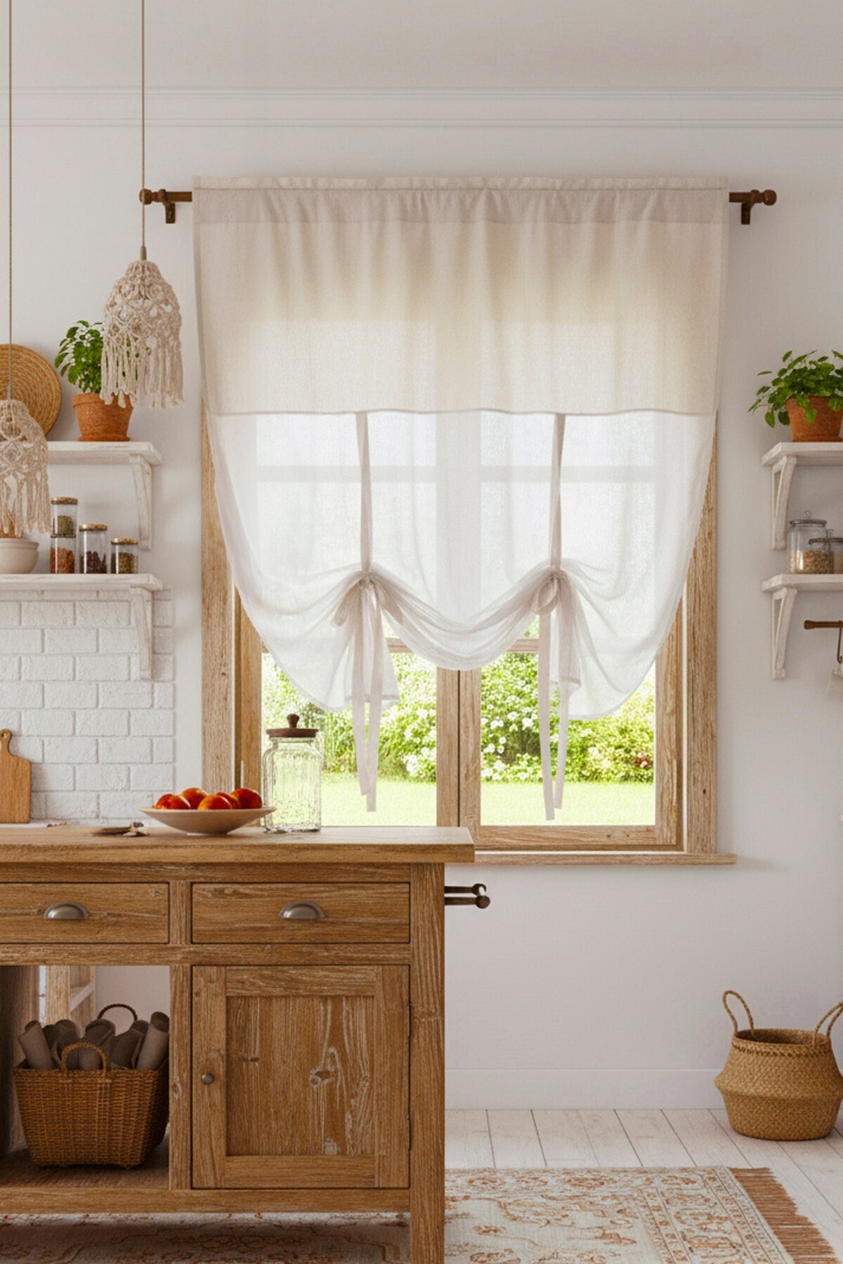 cotton maison Naturel Potlu Ekose Tül Perde Retro