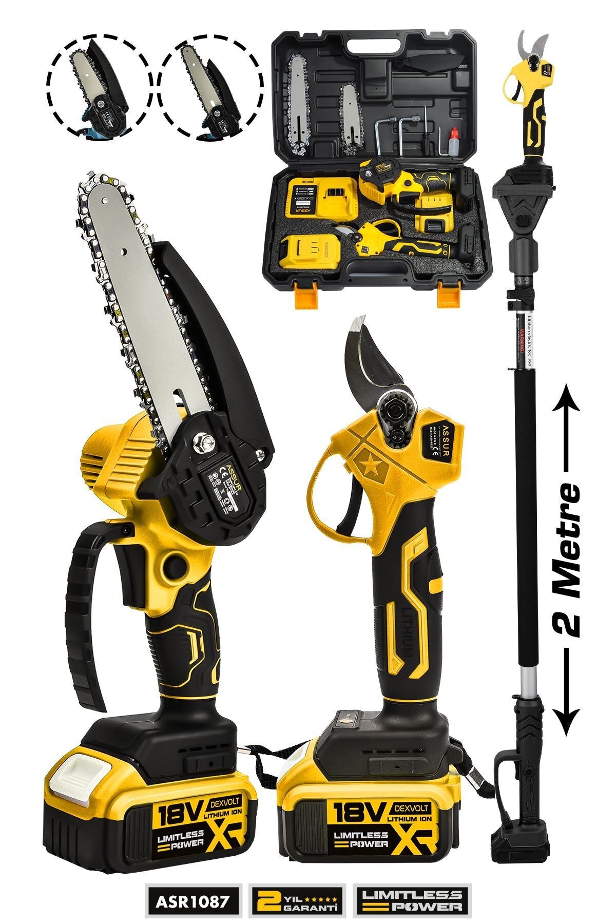 ASSUR Profesyonel 2'li Set 18V Çift Akülü Teleskopik Kollu Bağ Makası ve Budama Testeresi Makinesi